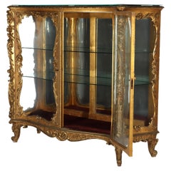 Antique French Louis XIV Style Rococo Figural & Floral Carved Gilt Wood Vitrine