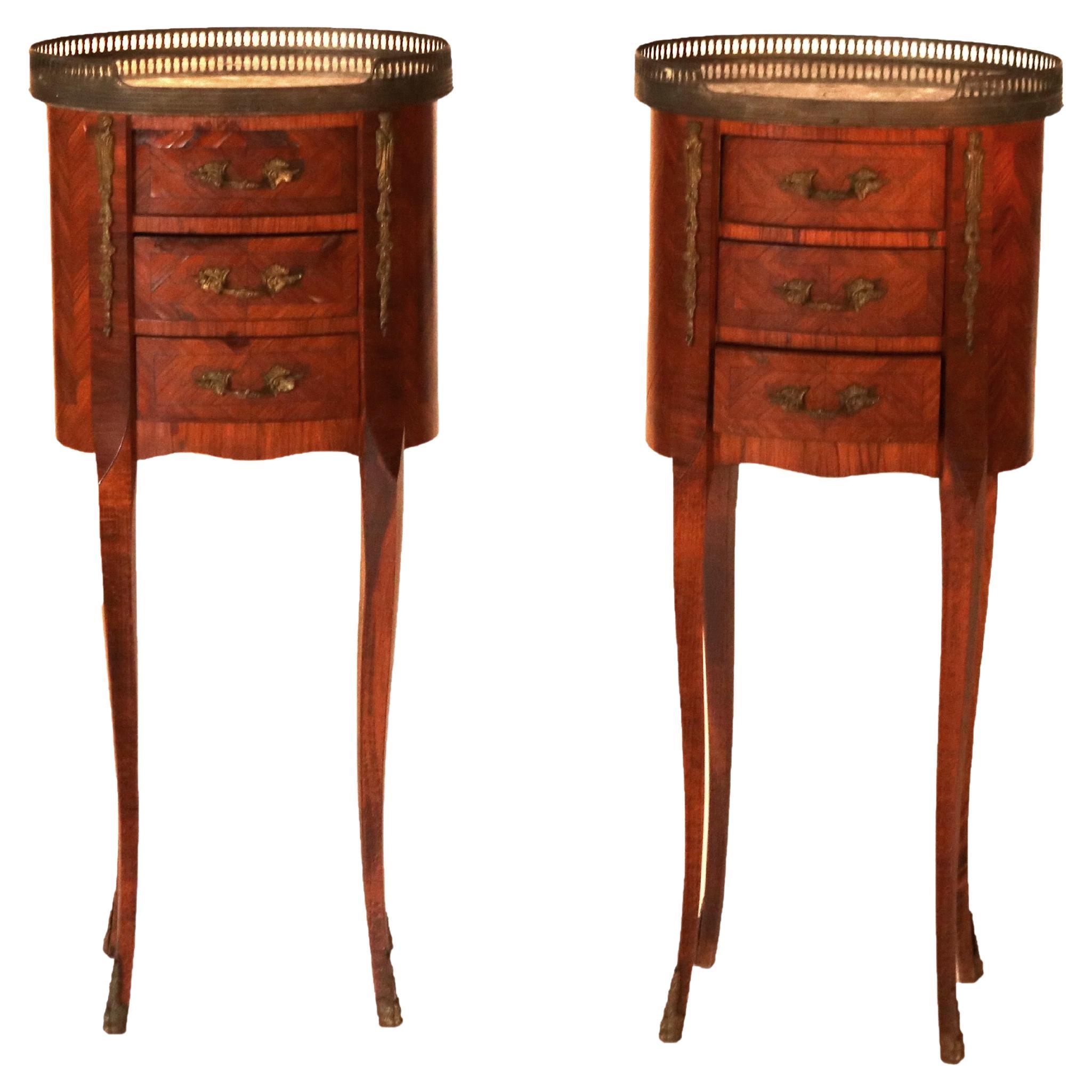 Antique French Louis XIV Style Satinwood Inlaid Kingwood, Marble & Ormolu Stands