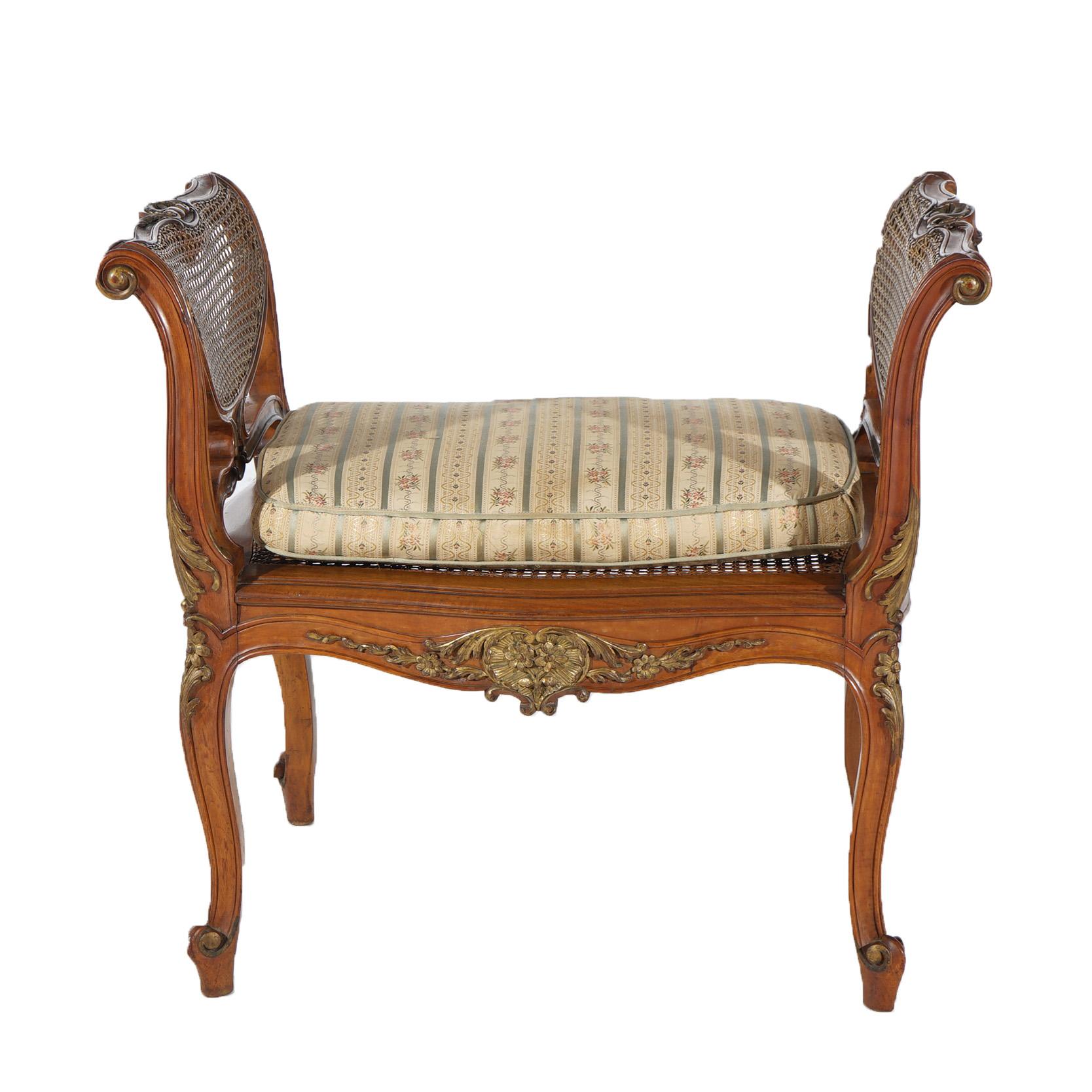 20th Century Antique French Louis XIV Style Upholstered Walnut & Cane Window Bench Seat C1900