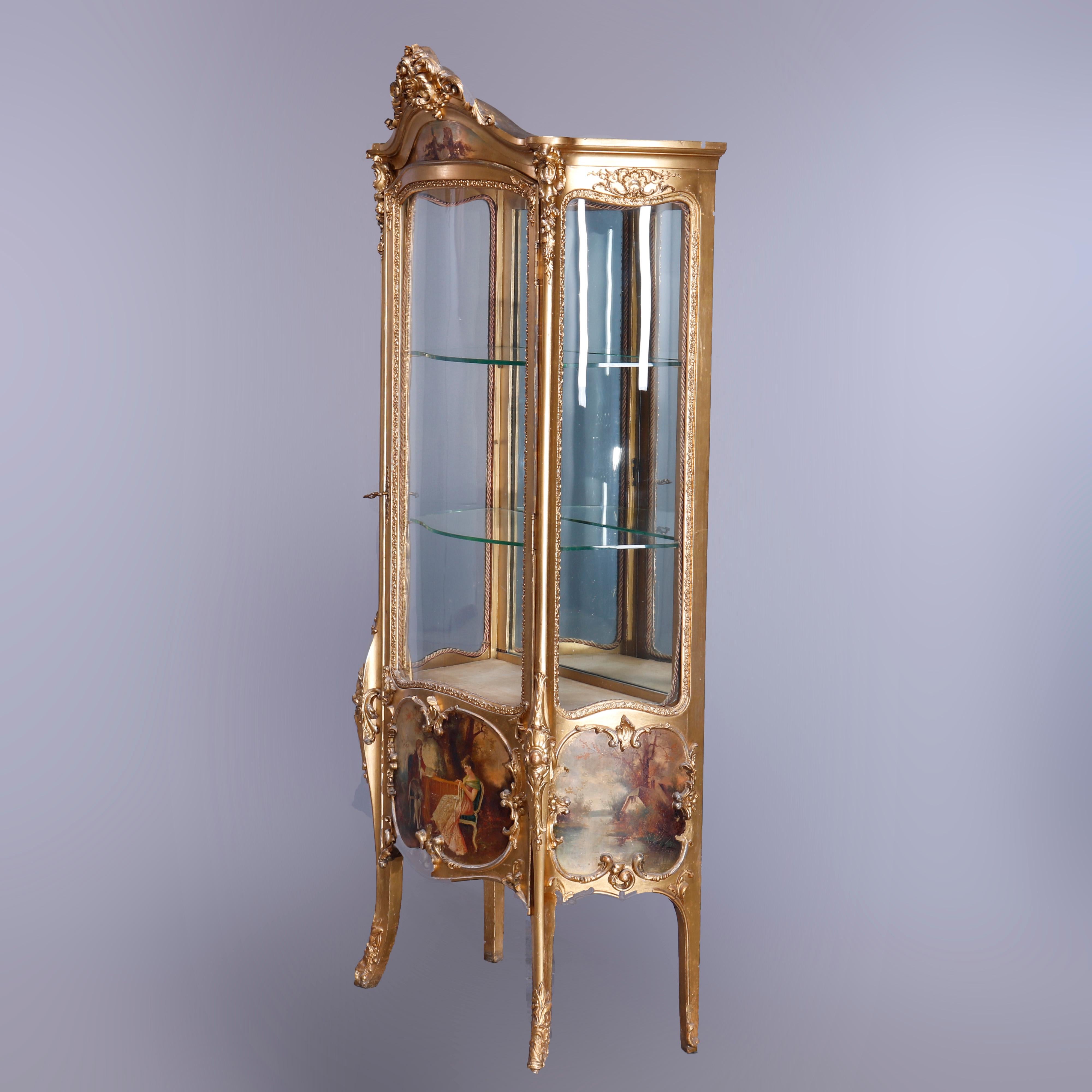 Antique French Louis XIV Style Vernis Martin Decorated Giltwood Vitrine d1890 In Good Condition In Big Flats, NY