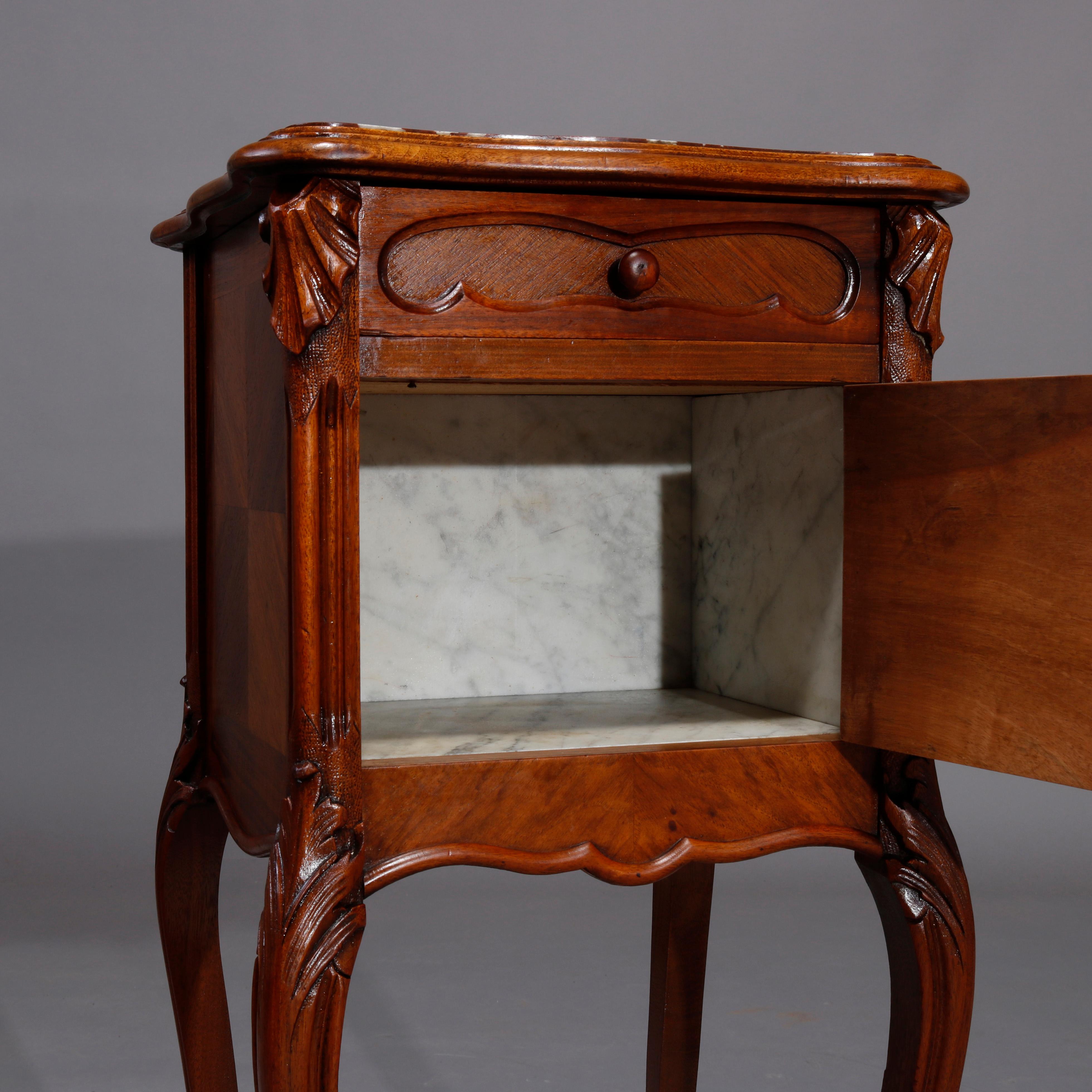 Carved French Louis XIV Style Walnut and Burl Humidor with Rouge Marble, 19th Century
