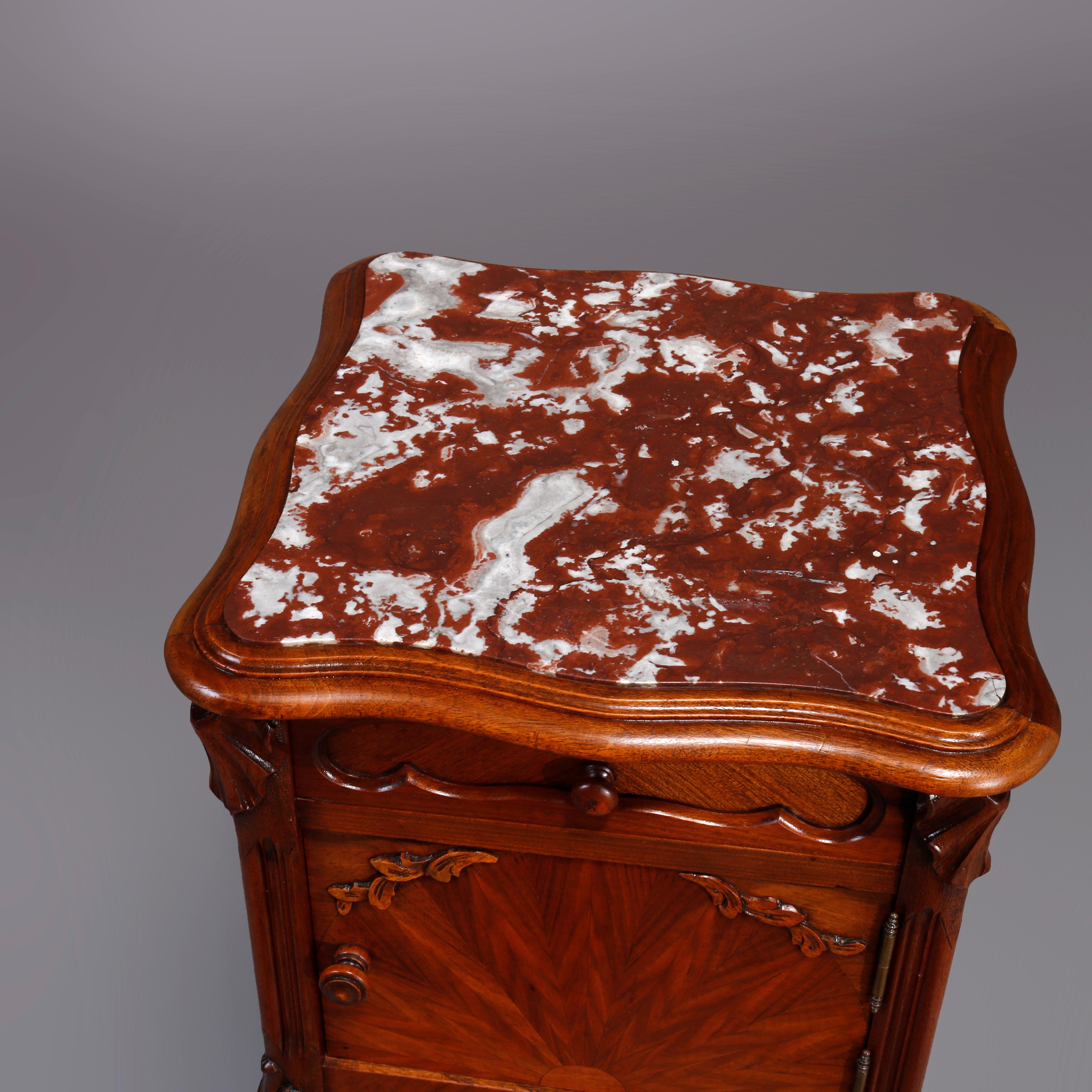French Louis XIV Style Walnut and Burl Humidor with Rouge Marble, 19th Century In Good Condition In Big Flats, NY
