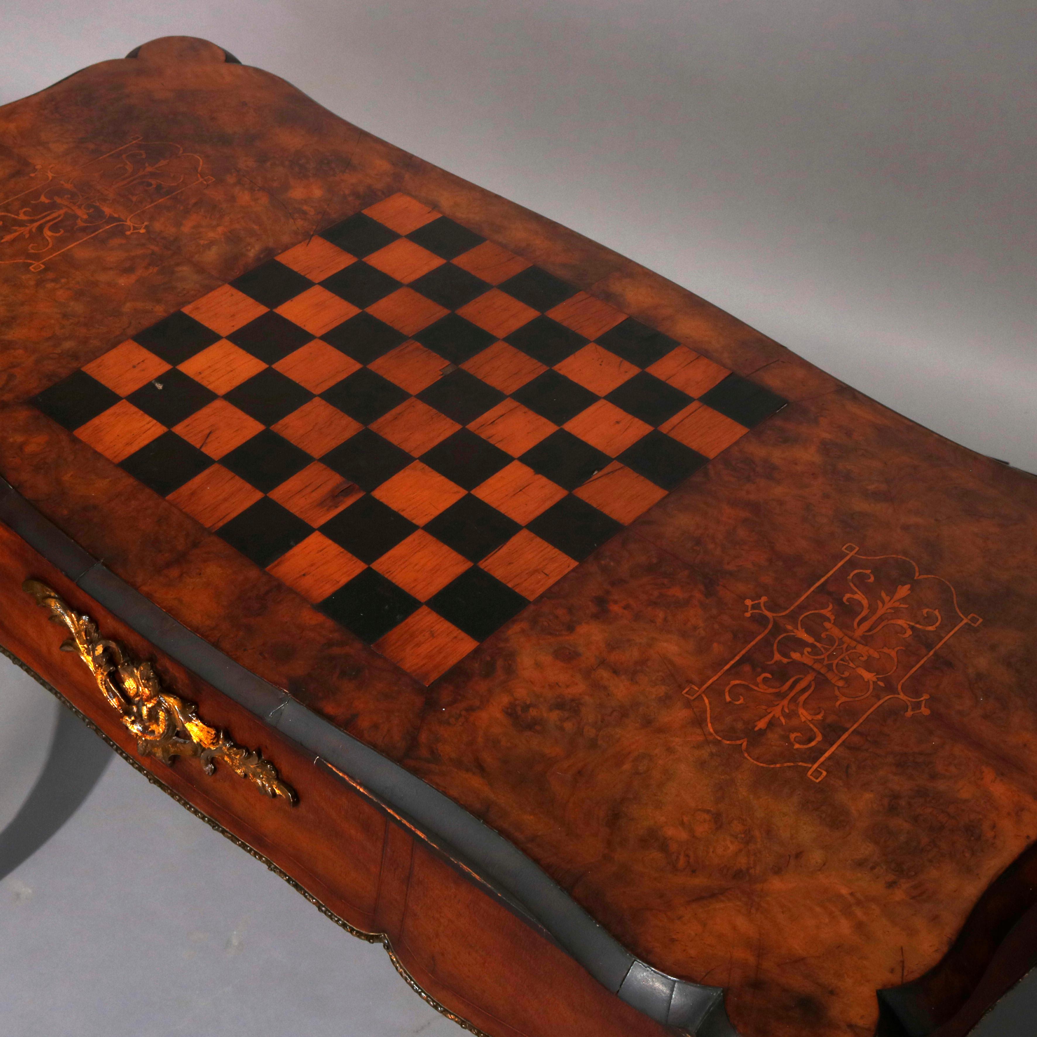 Inlay Antique French Louis XIV Style Walnut, Burl & Ormolu Inlaid Game Table c. 1880
