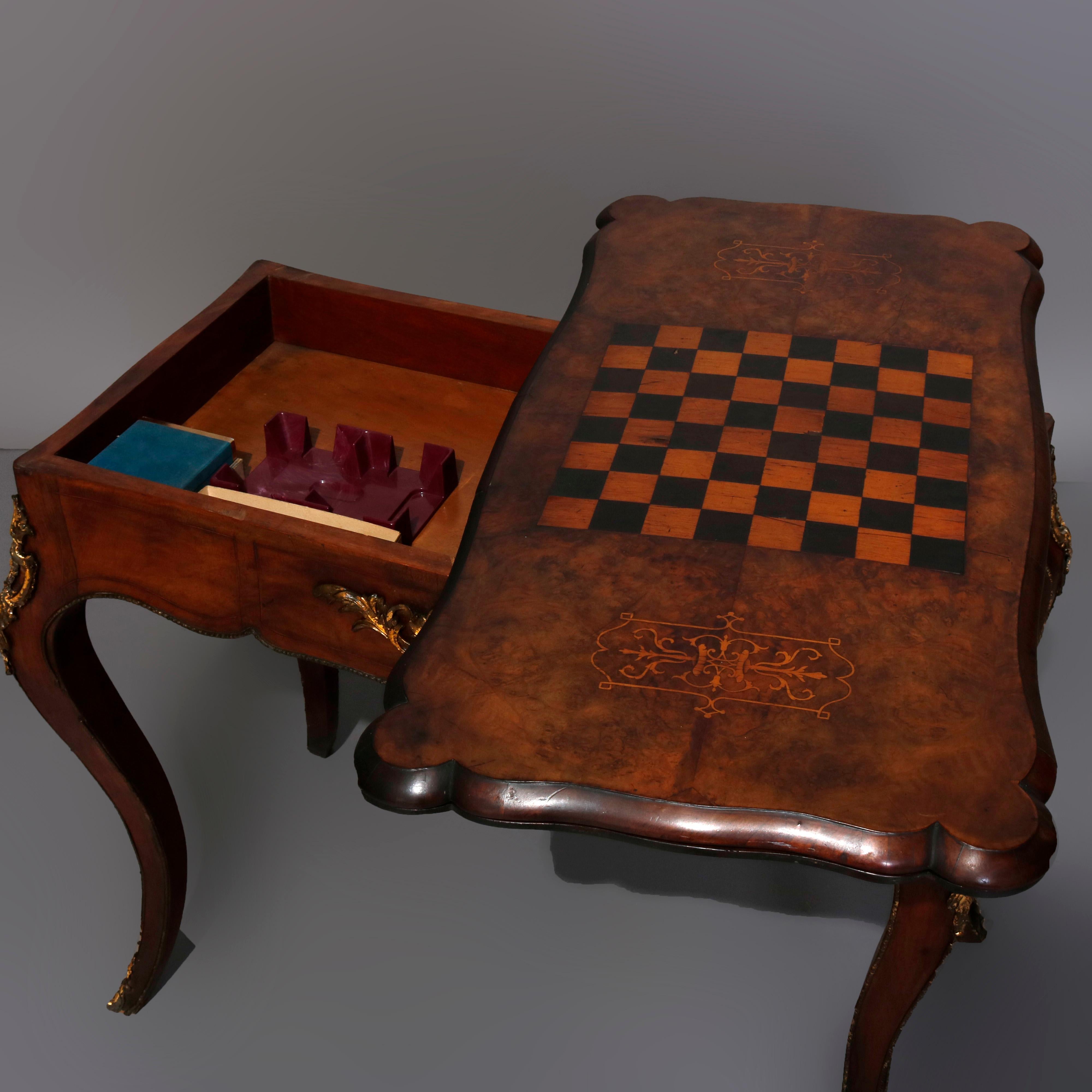 Antique French Louis XIV Style Walnut, Burl & Ormolu Inlaid Game Table c. 1880 In Good Condition In Big Flats, NY