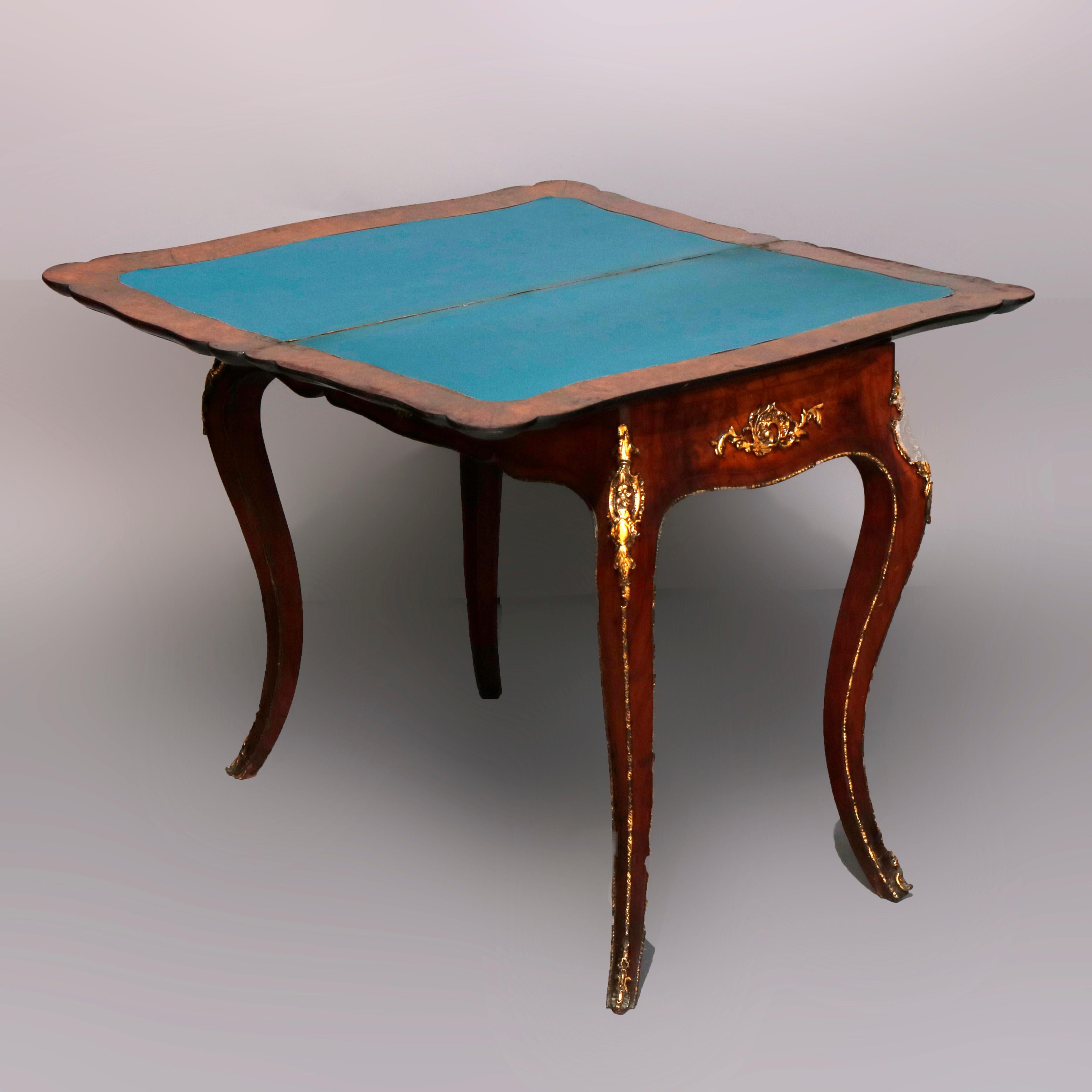 19th Century Antique French Louis XIV Style Walnut, Burl & Ormolu Inlaid Game Table c. 1880