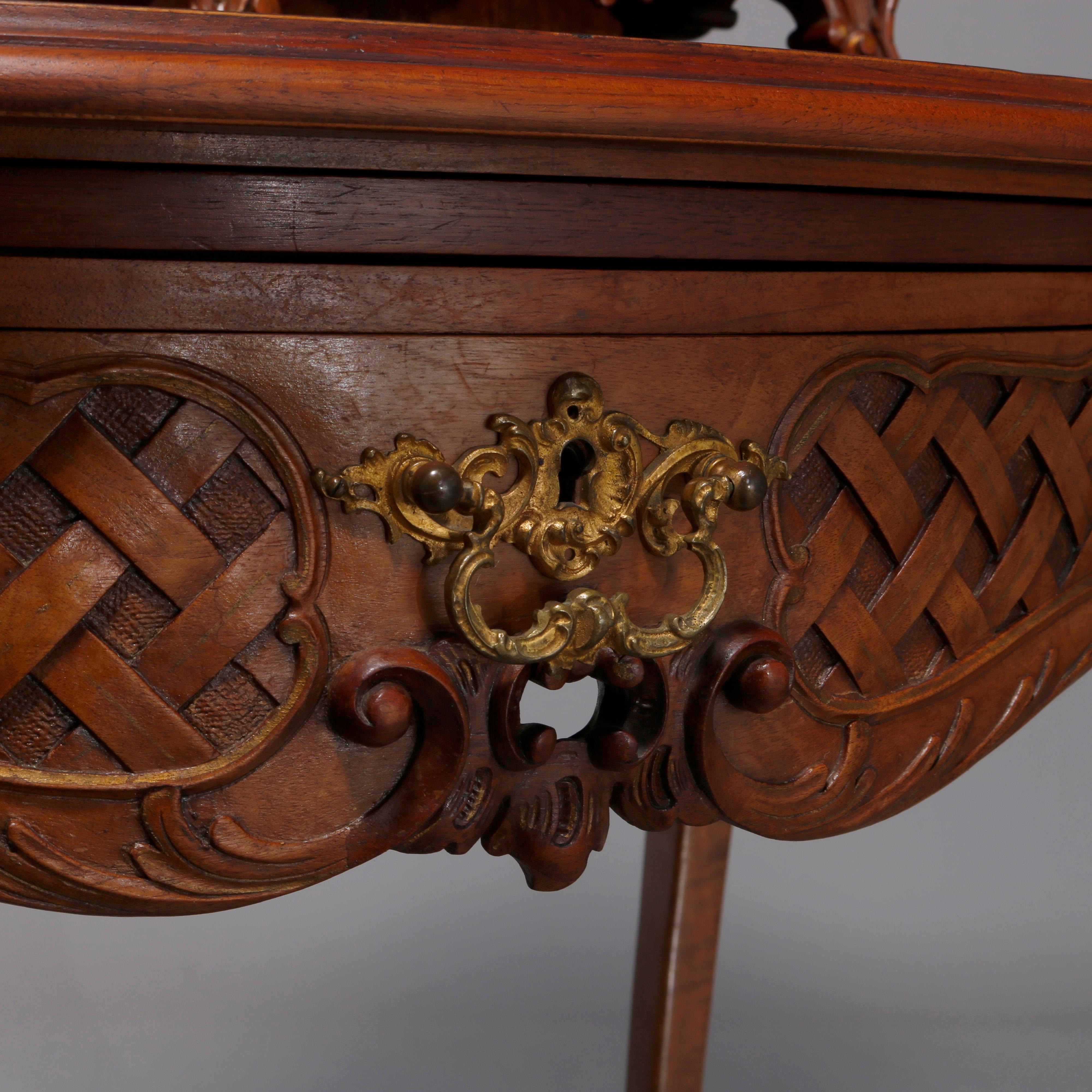 Carved Antique French Louis XIV Vernis Martin Mahogany & Kingwood Ladies Desk, c 1890