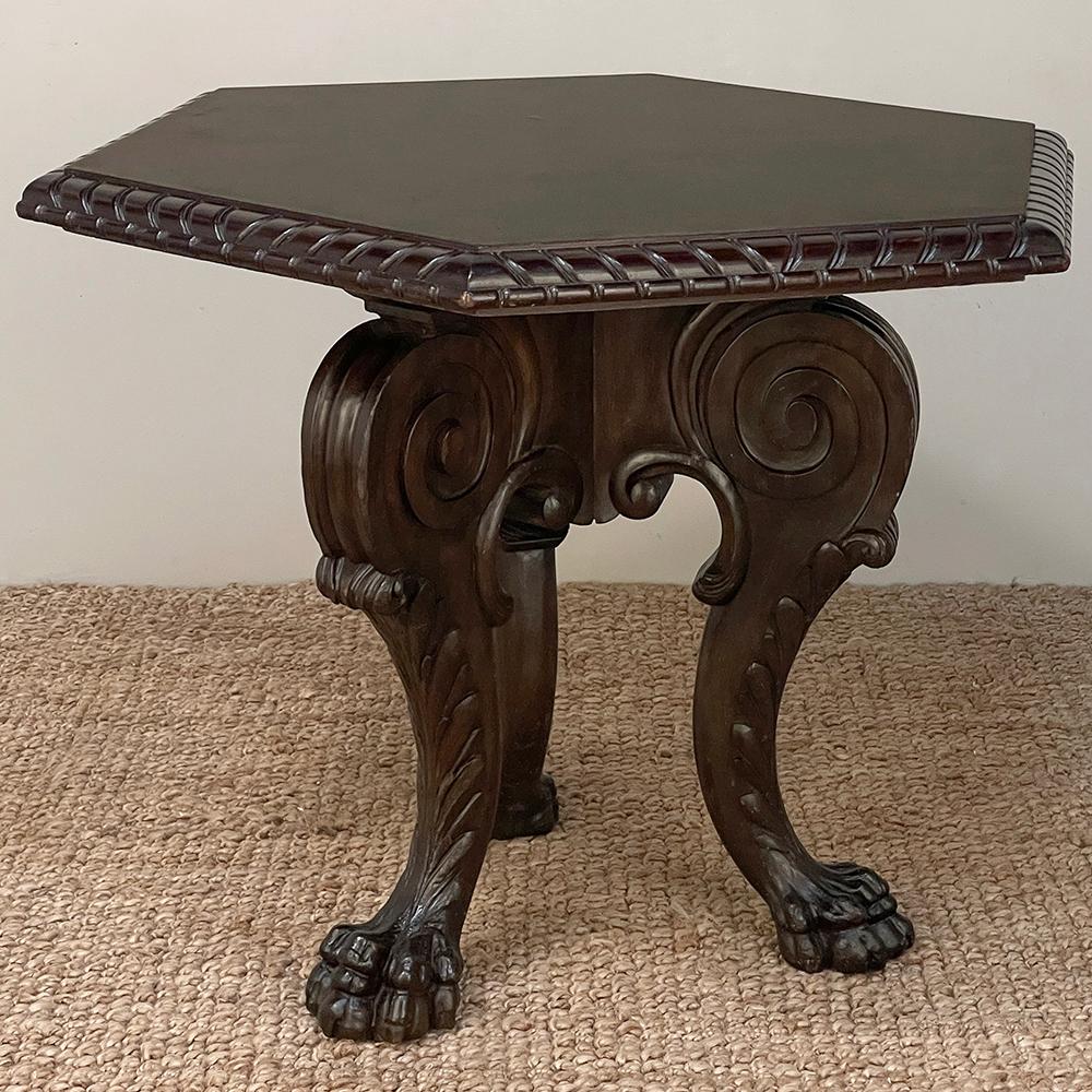 Antique French Louis XIV Walnut Hexagonal Center Table ~ End Table is certainly an uncommon design, with a boldly gadrooned six-sided top.  Such a top performs like a round table, but is even more forgiving of floor space.  Excellent against a wall,