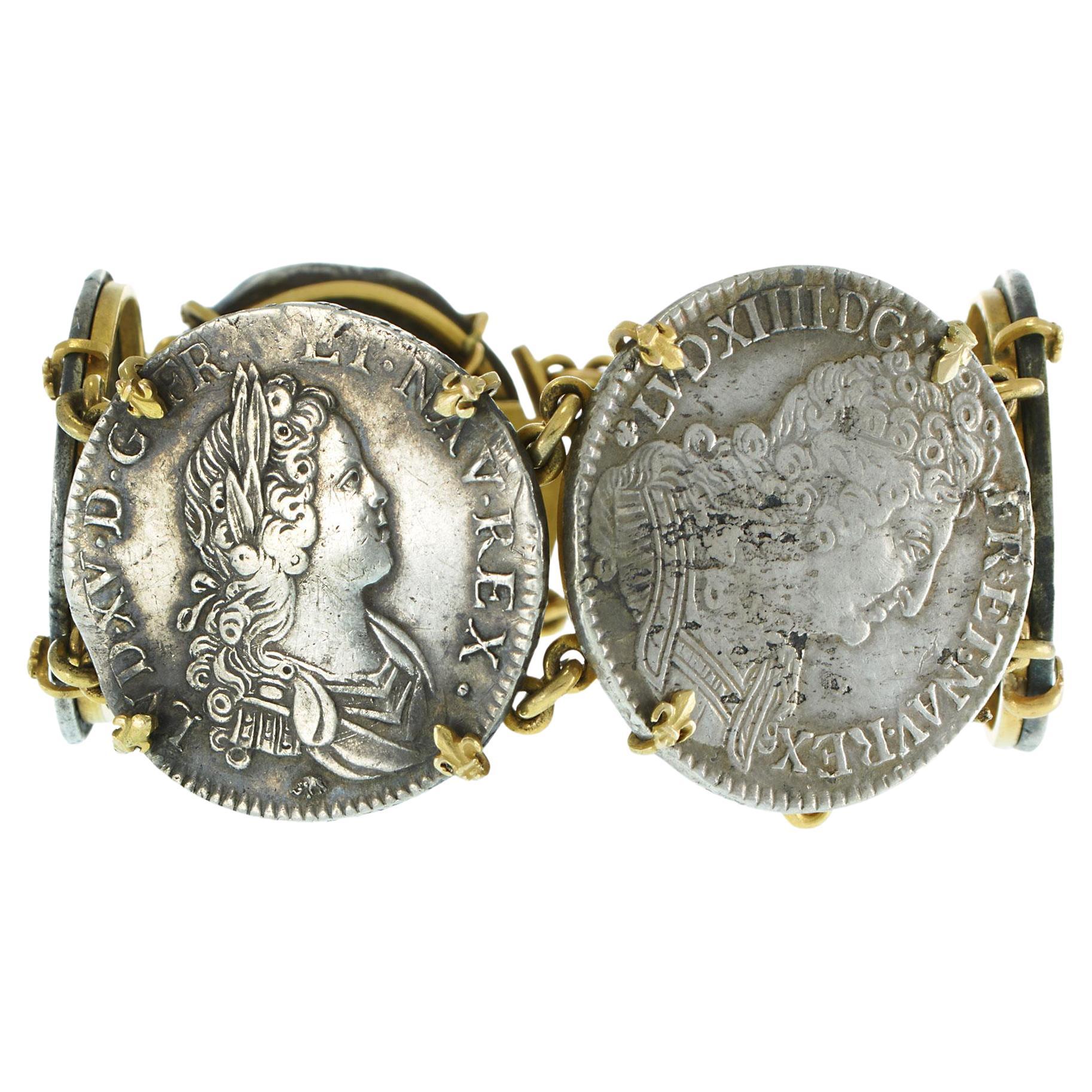 Antique French Louis XIV–XV Sterling Silver Coin Bracelet in 18KT Yellow Gold For Sale