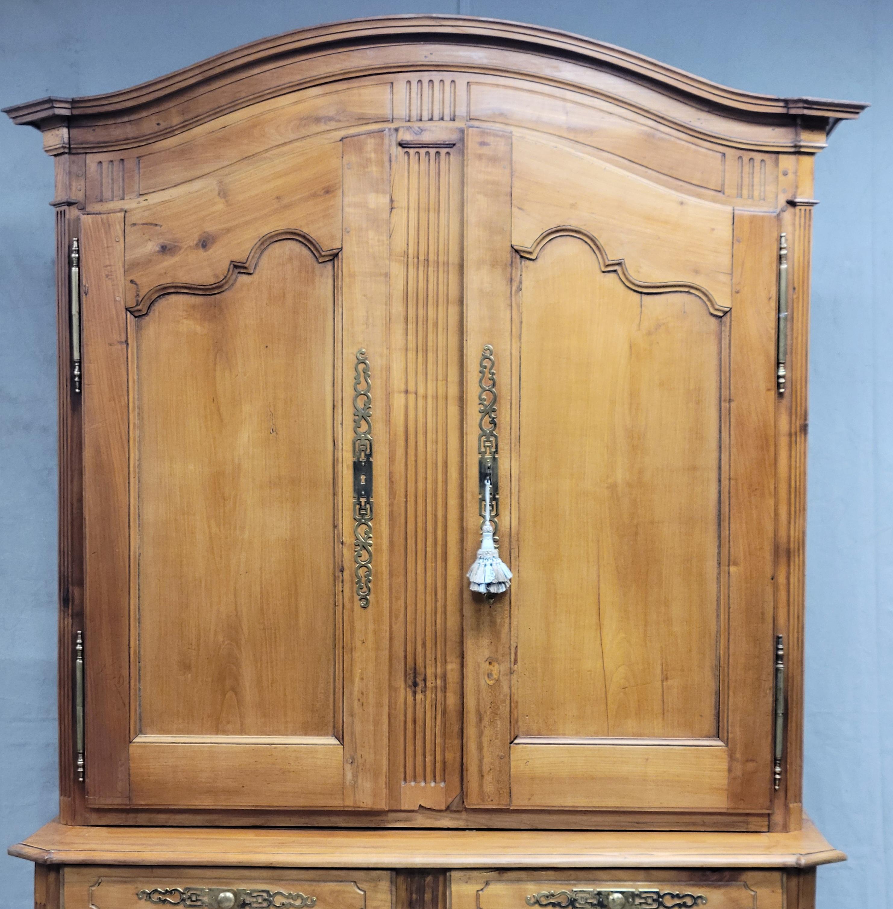Antique French Louis XV 18th Century Deux Corps Cherry Buffet With Toile Interio In Good Condition In Centennial, CO