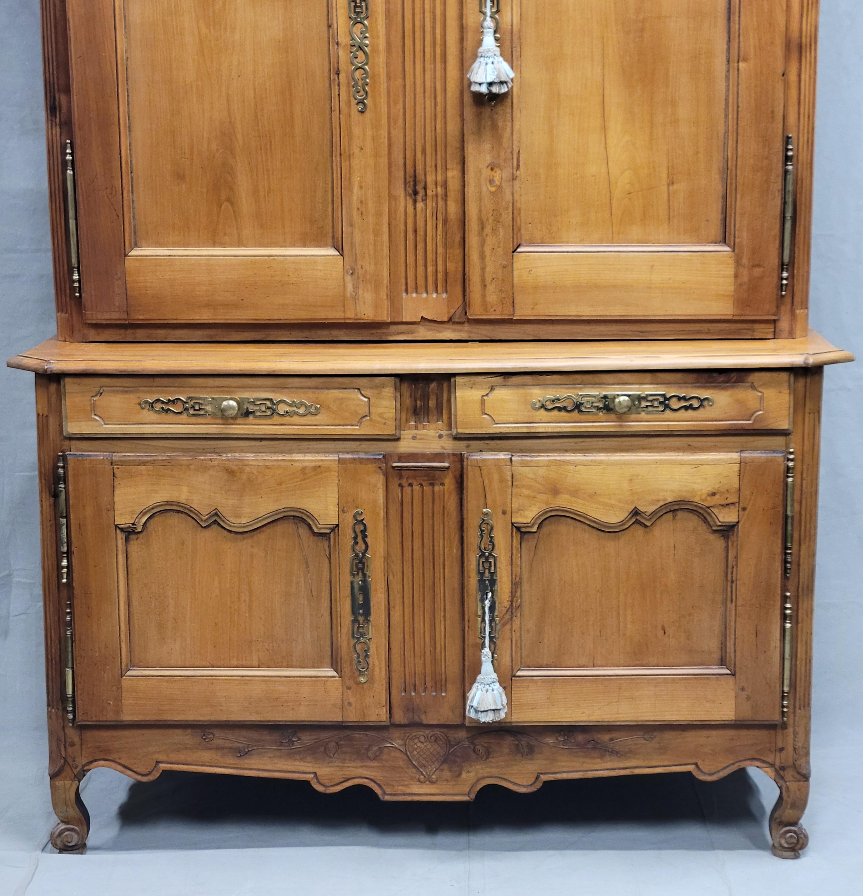Brass Antique French Louis XV 18th Century Deux Corps Cherry Buffet With Toile Interio