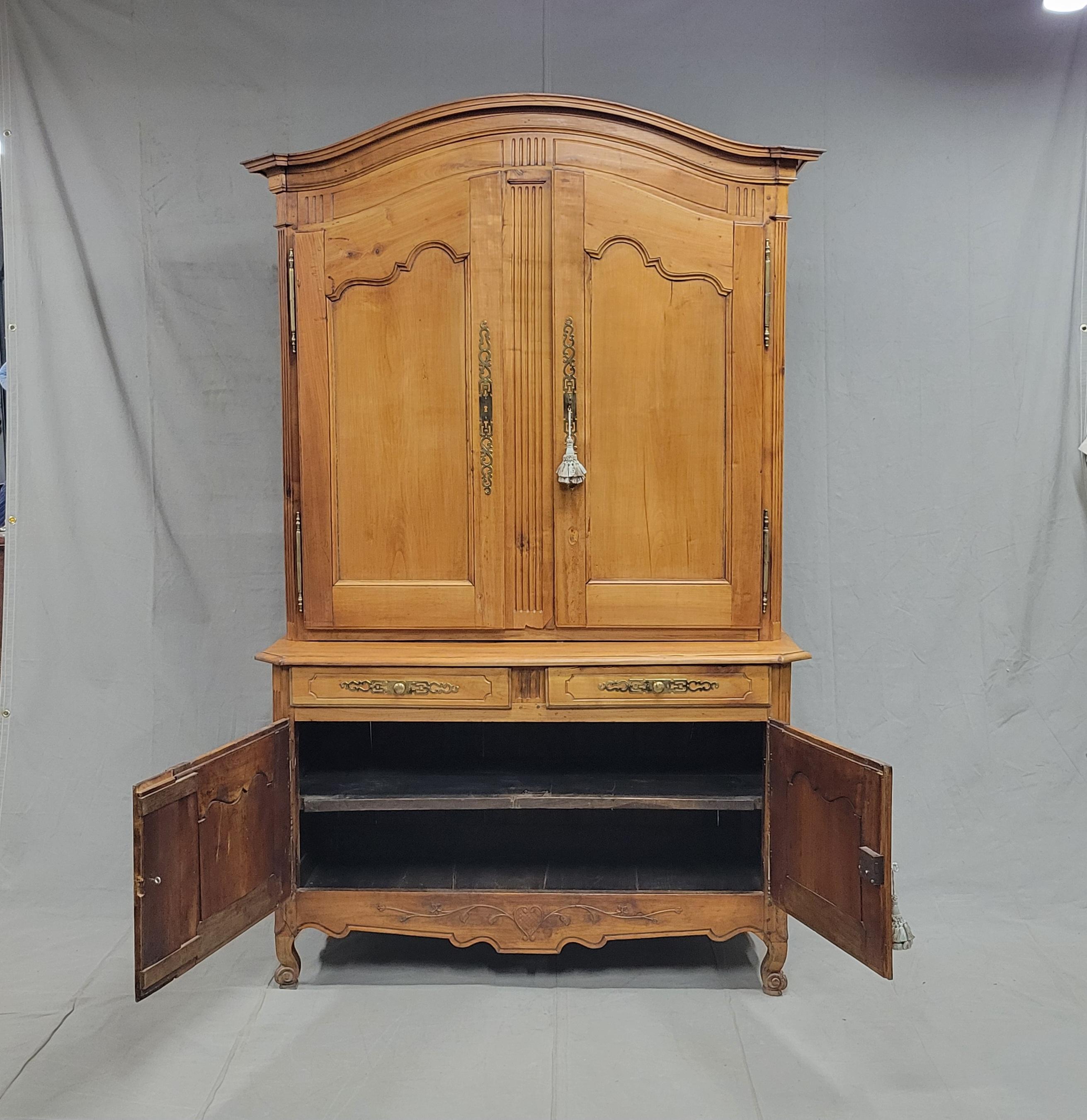 Antique French Louis XV 18th Century Deux Corps Cherry Buffet With Toile Interio 1