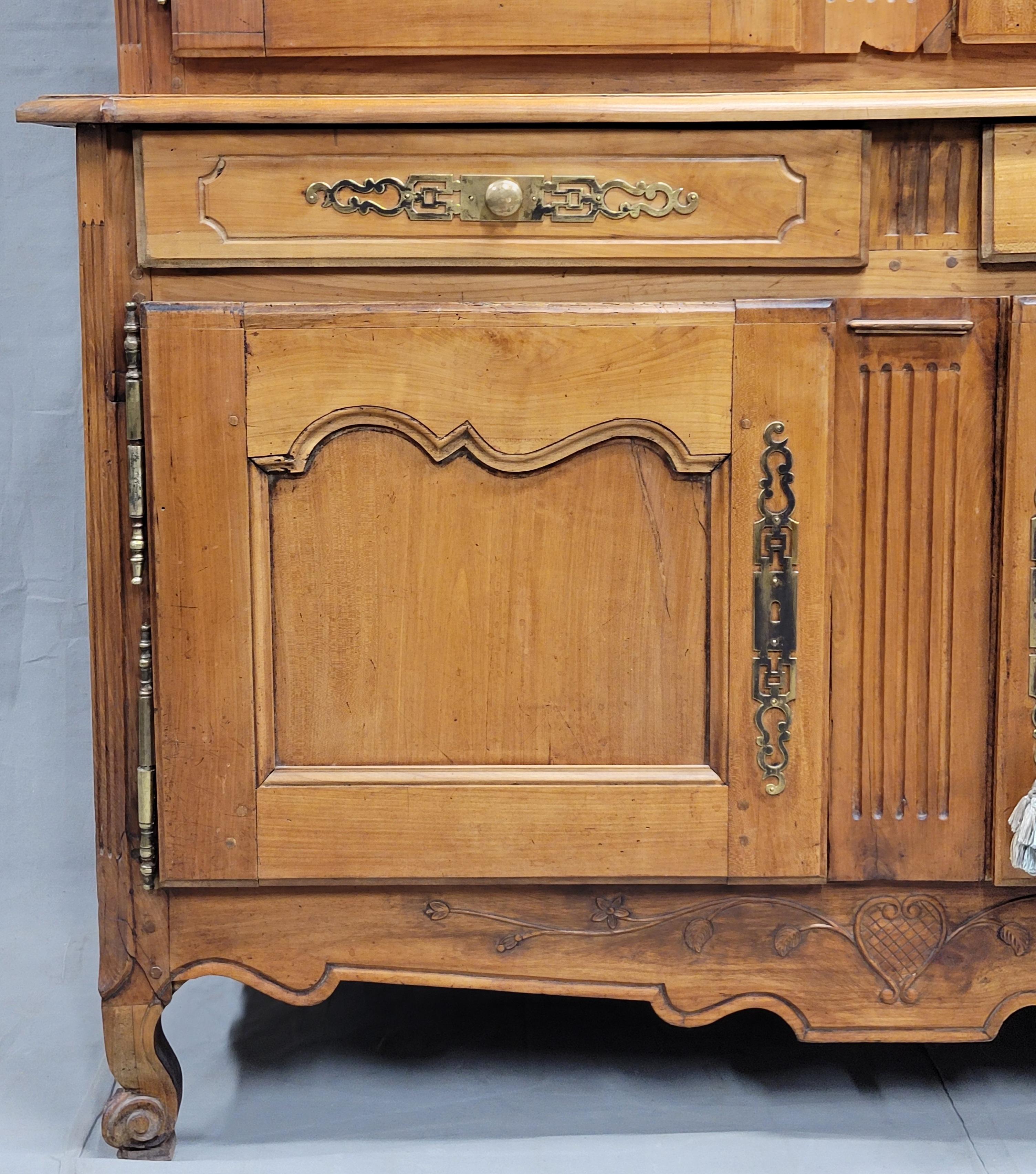 Antique French Louis XV 18th Century Deux Corps Cherry Buffet With Toile Interio 2
