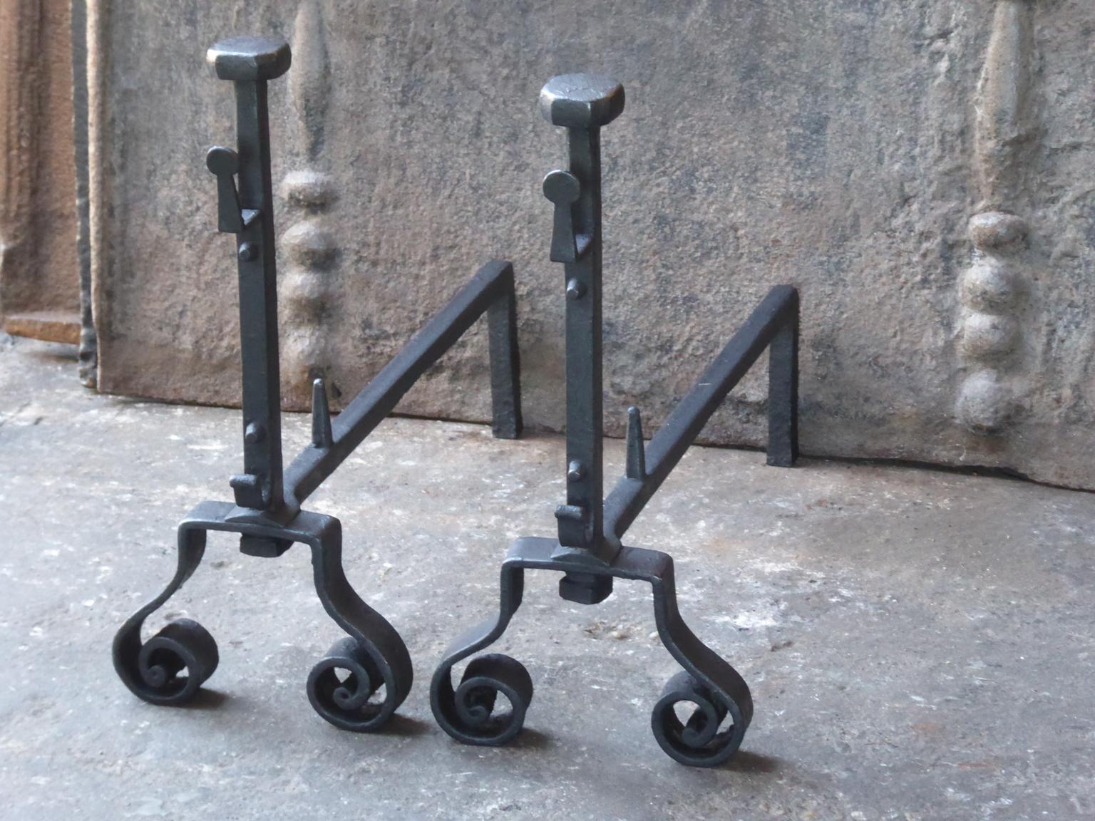 Forged Antique French Louis XV Andirons or Firedogs, 18th Century