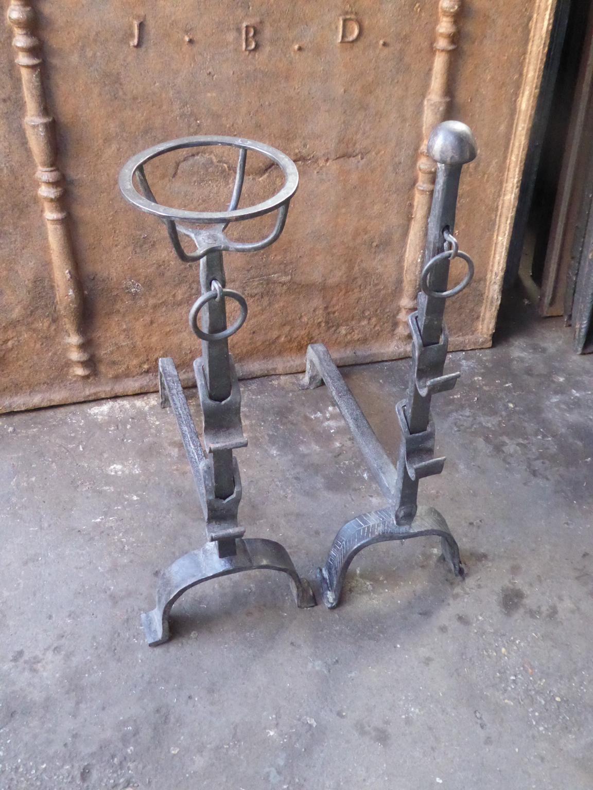 Wrought Iron Antique French Louis XV Andirons or Firedogs, 18th Century For Sale