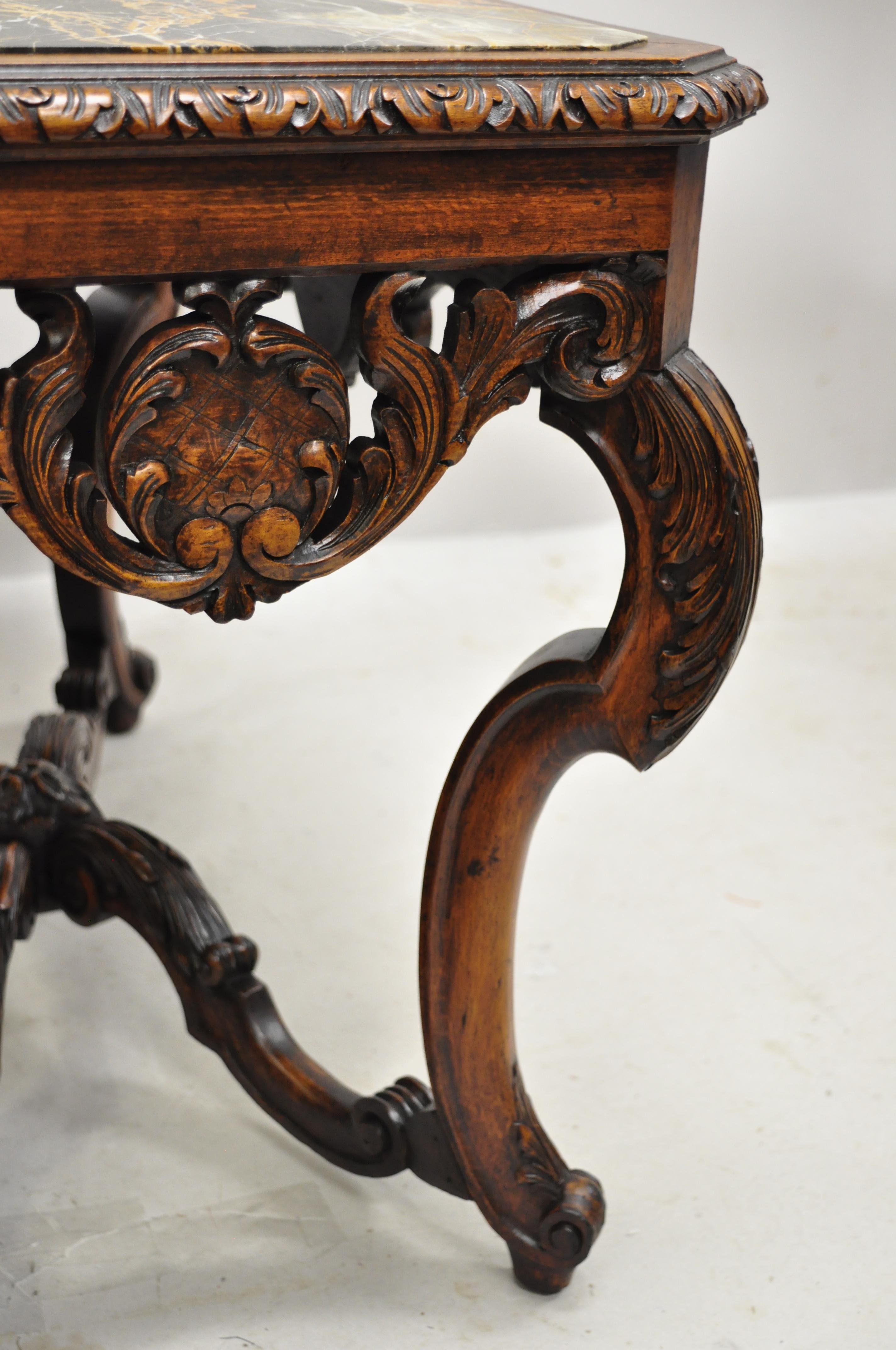 Antique French Louis XV Baroque Carved Walnut Marble-Top Small Coffee Table In Good Condition In Philadelphia, PA