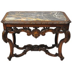 Antique French Louis XV Baroque Carved Walnut Marble-Top Small Coffee Table