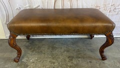 Antique French Louis XV Bench, Hand-Carved Wood & Brown Leather