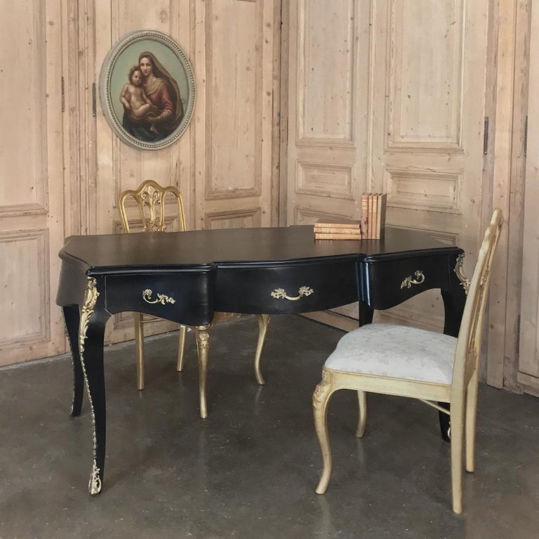 Antique French Louis XV Black Painted Desk, Bureau Plat with Bronze