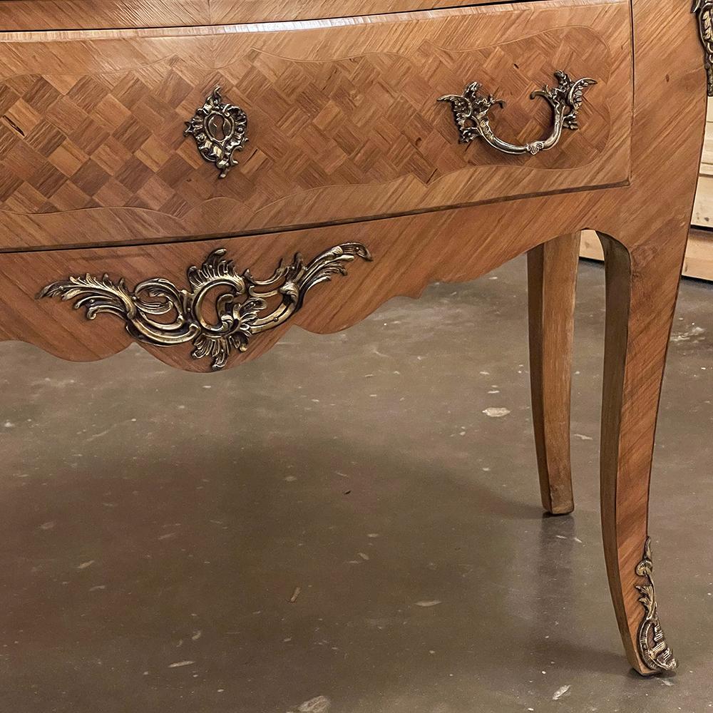 Antique French Louis XV Bombe Marble Top Parquet Commode In Good Condition For Sale In Dallas, TX