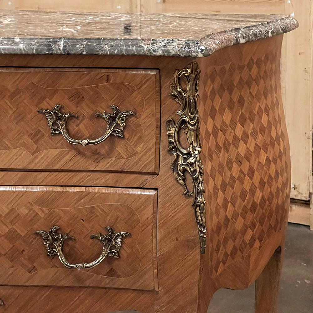 20th Century Antique French Louis XV Bombe Marble Top Parquet Commode For Sale