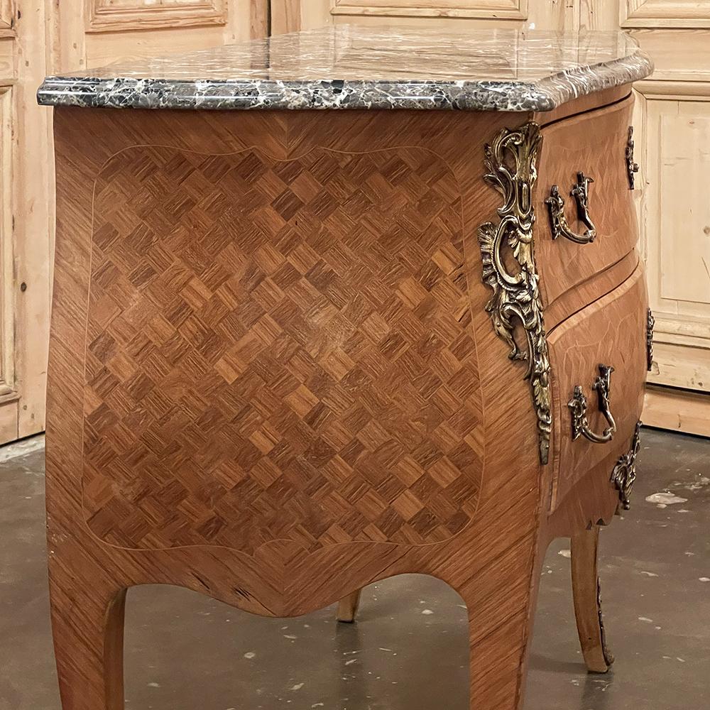 Antique French Louis XV Bombe Marble Top Parquet Commode For Sale 1