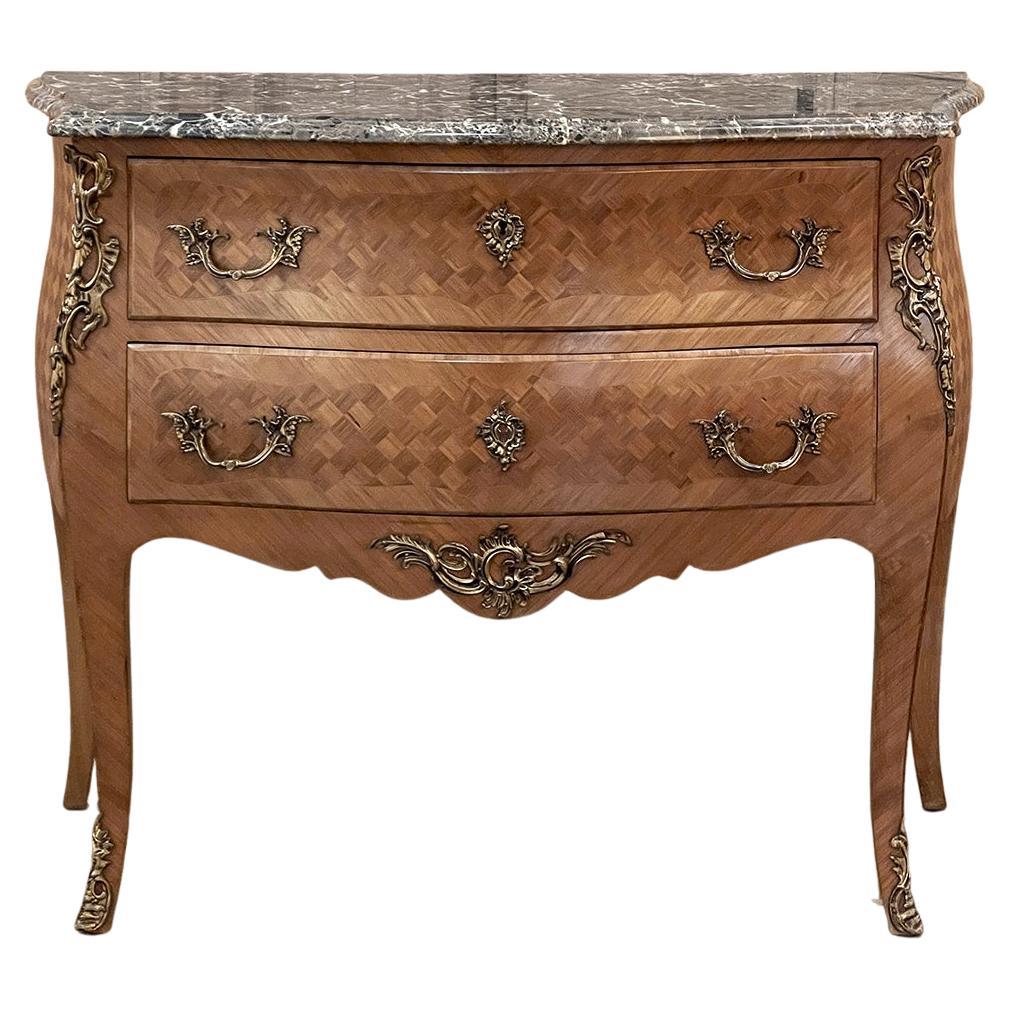 Antique French Louis XV Bombe Marble Top Parquet Commode For Sale