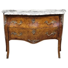 Antique French Louis XV Style Bombe Marquetry Commode With Marble Top and Ormolu