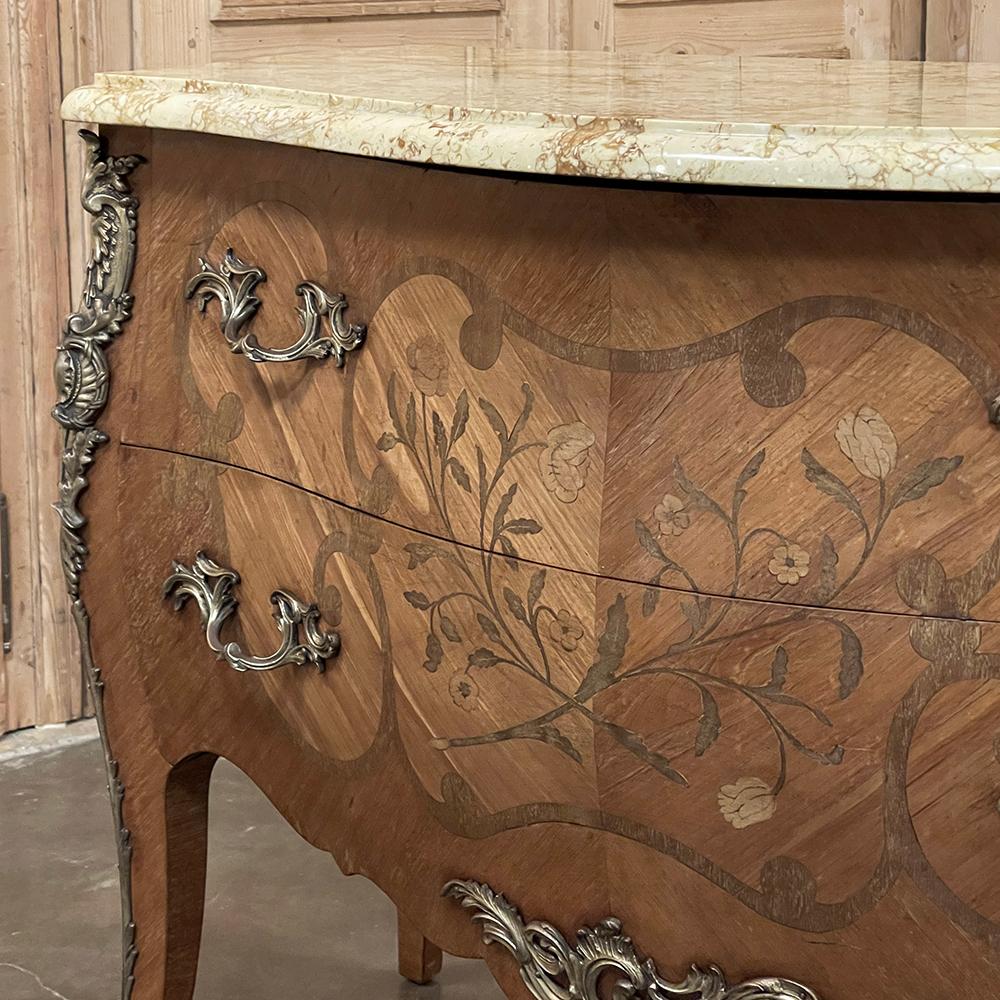 Antique French Louis XV Bombe Marquetry Marble Top Commode For Sale 7