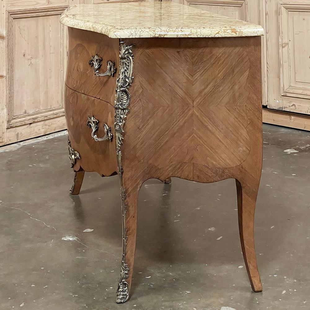 Antique French Louis XV Bombe Marquetry Marble Top Commode For Sale 11
