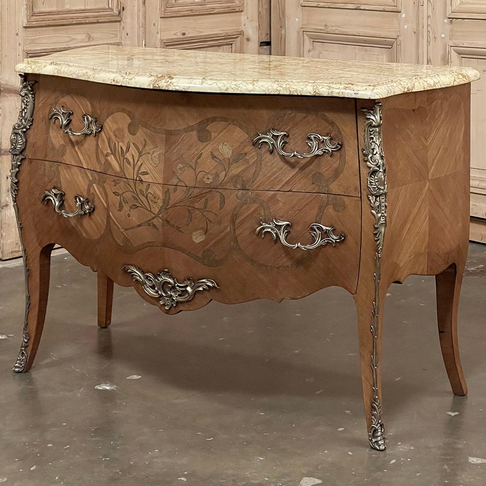 Hand-Crafted Antique French Louis XV Bombe Marquetry Marble Top Commode For Sale
