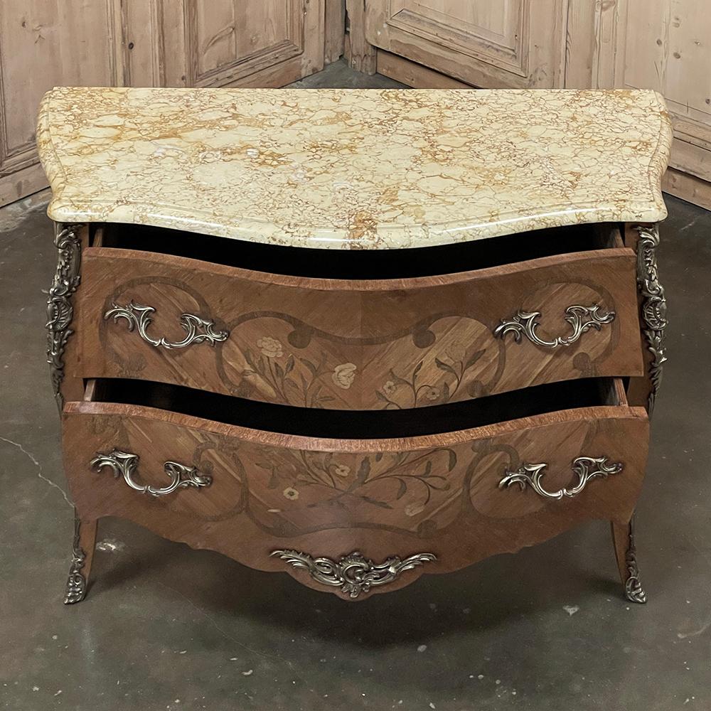 Antique French Louis XV Bombe Marquetry Marble Top Commode In Good Condition For Sale In Dallas, TX