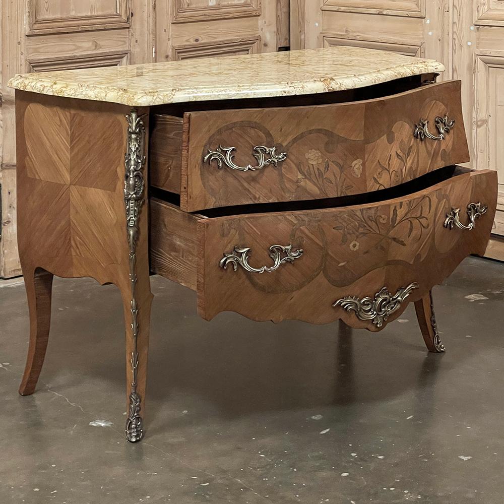 Antique French Louis XV Bombe Marquetry Marble Top Commode For Sale 1