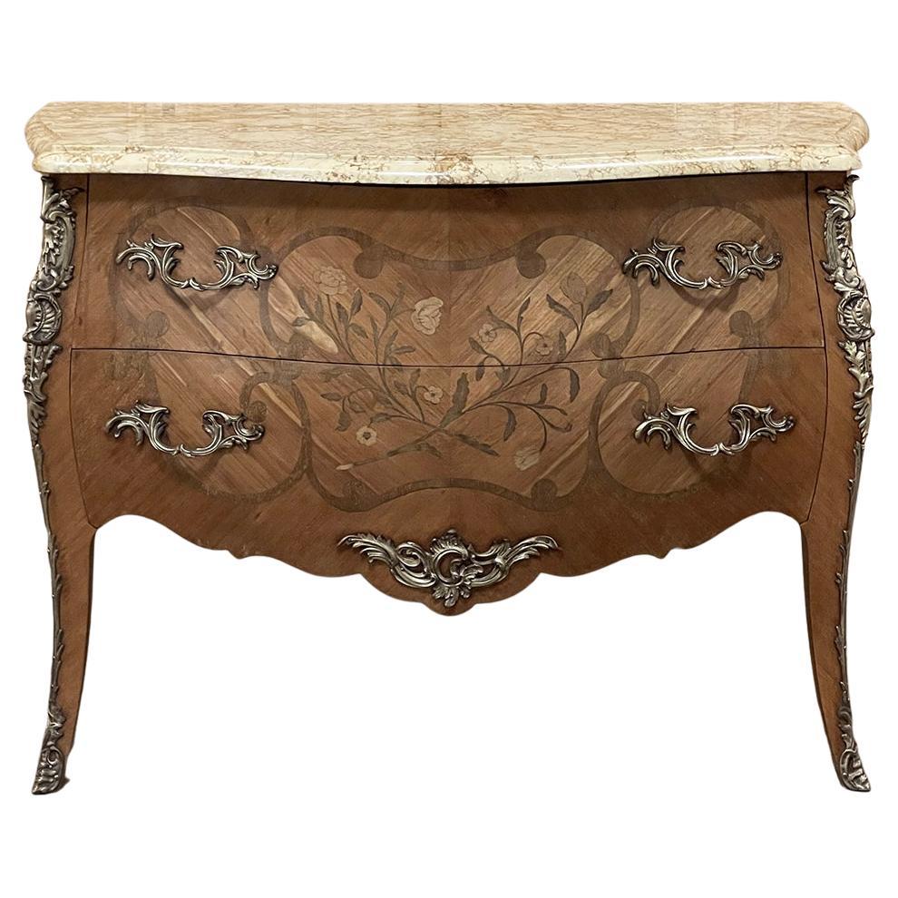 Antique French Louis XV Bombe Marquetry Marble Top Commode For Sale