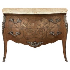 Used French Louis XV Bombe Marquetry Marble Top Commode