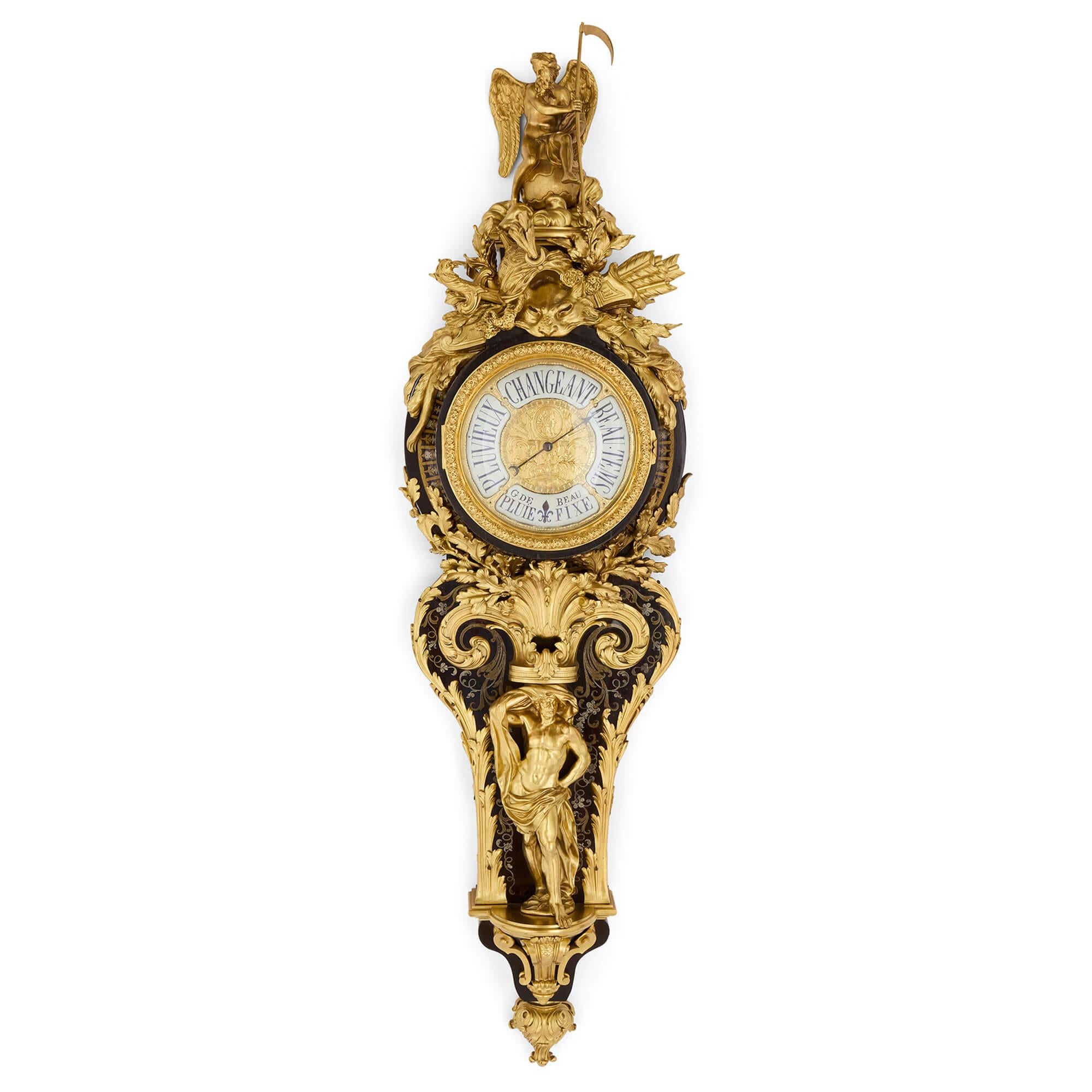 Antique French Louis XV Boulle Marquetry Ormolu Wall Clock Barometer 
French, Mid-18th Century  
Height 133cm, width 34cm, depth 16cm

Dating from the mid-18th century, this remarkable pair of antiques showcases both artistry and technical mastery.