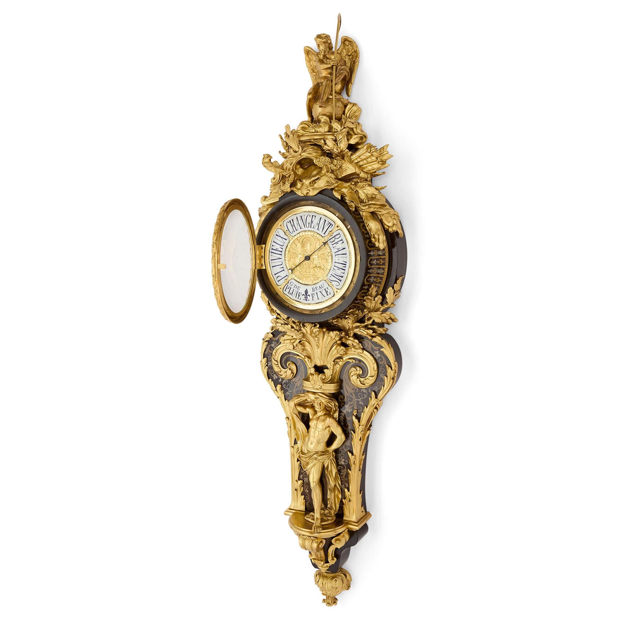 Cast Antique French Louis XV Boulle Marquetry Ormolu Wall Clock Barometer For Sale