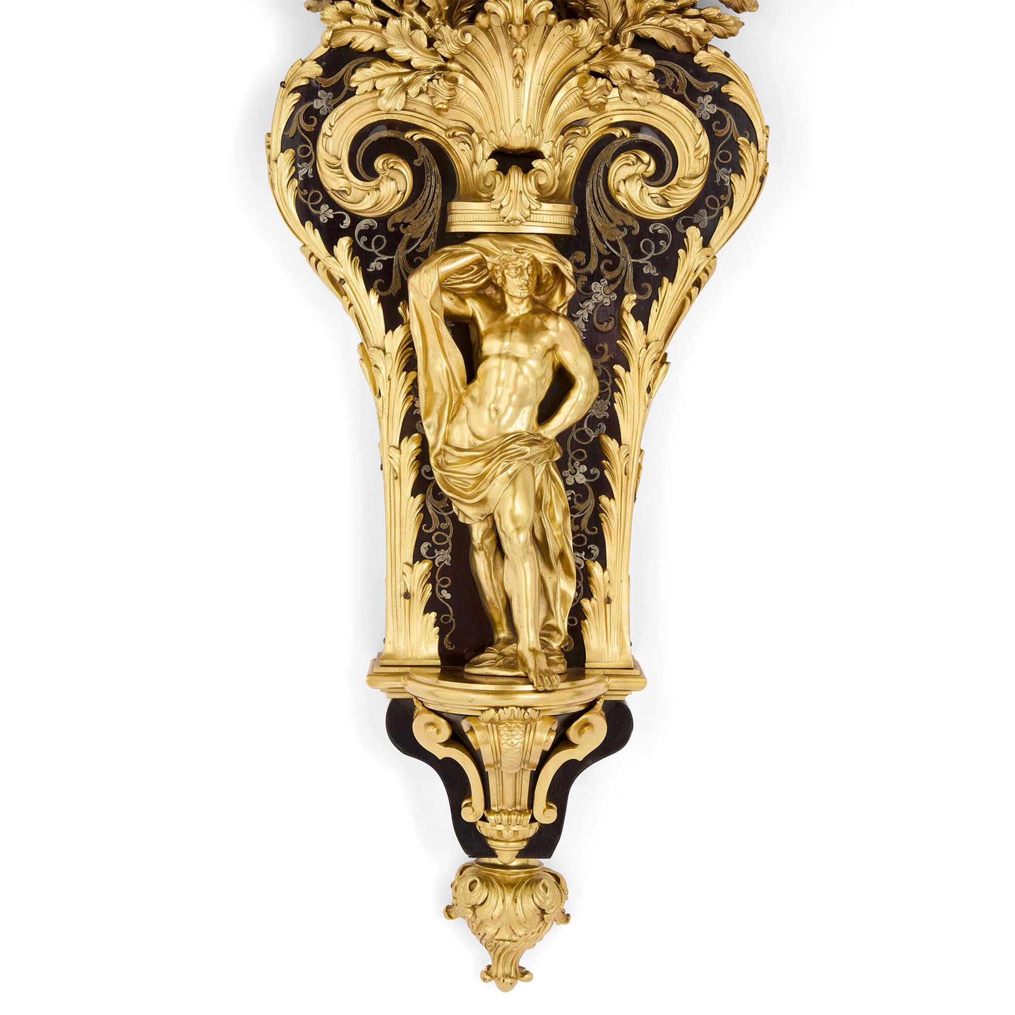 Brass Antique French Louis XV Boulle Marquetry Ormolu Wall Clock Barometer For Sale