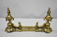 Antique French Louis XV Brass Bronze Flame Finial Andirons w/ Adjustable Fender