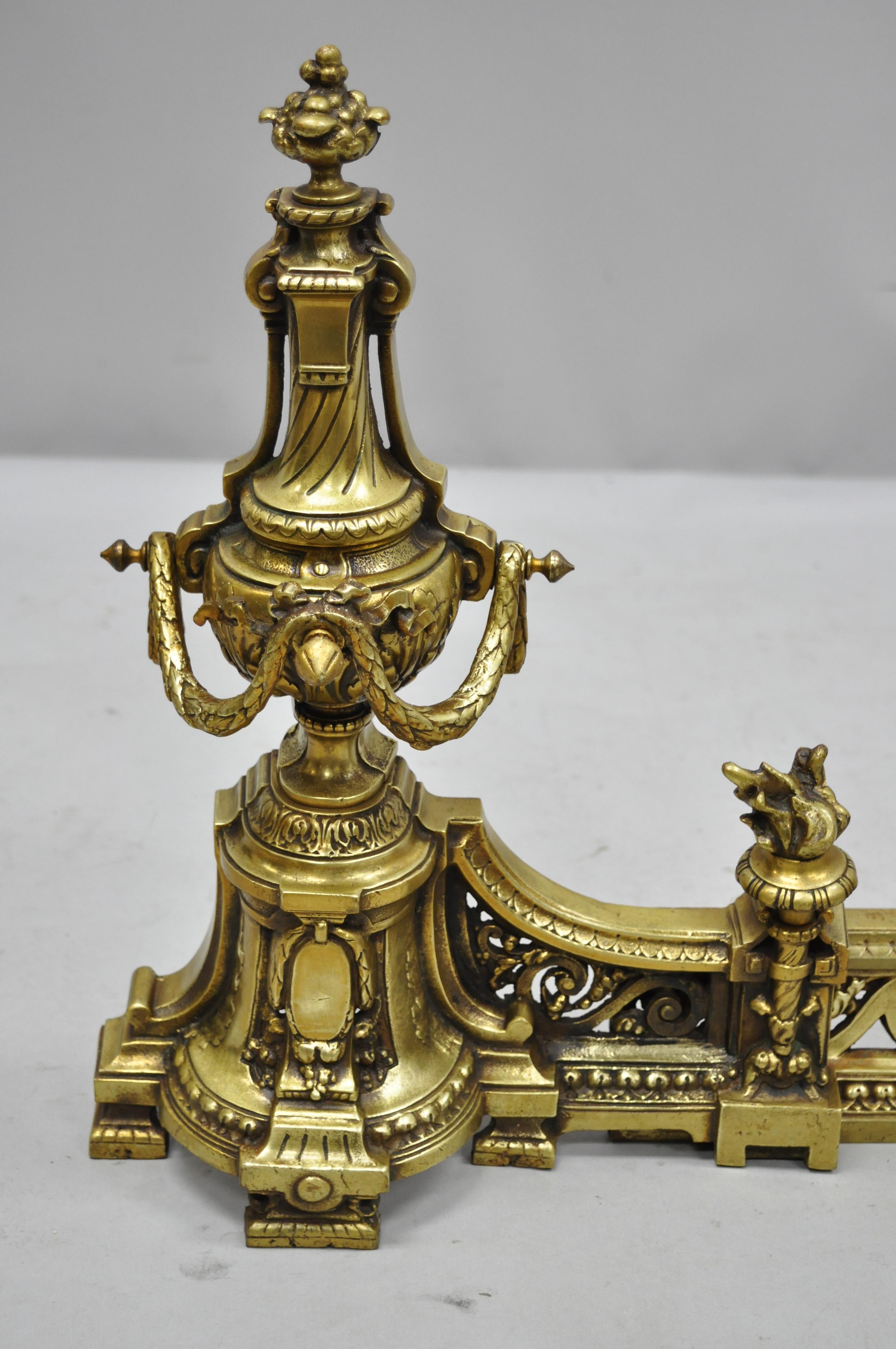 19th Century Antique French Louis XV Brass Bronze Flame Finial Andirons w/ Adjustable Fender