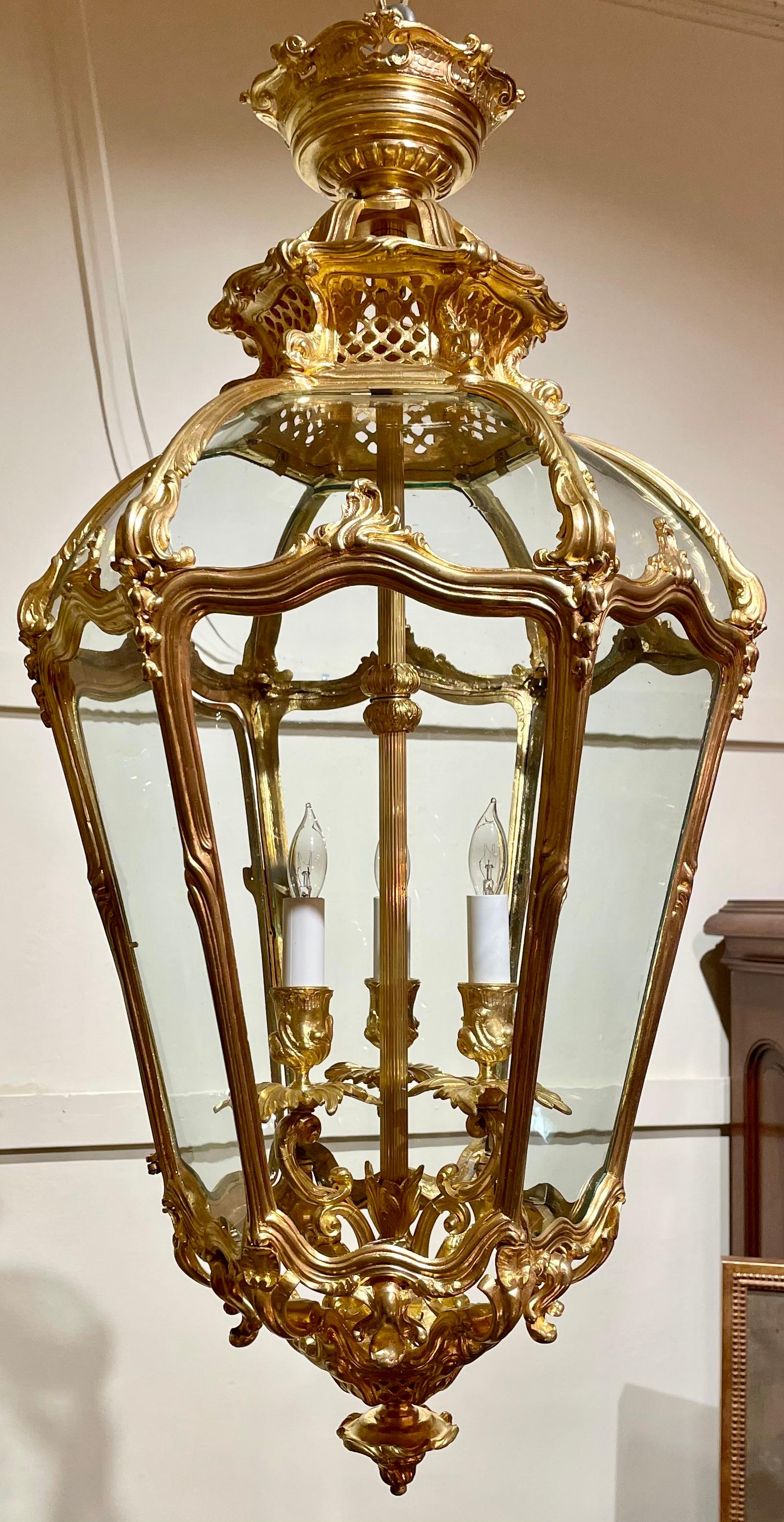 Antique French Louis XV Bronze D'Oré & Curved Glass Chateau Lantern, Circa 1890.