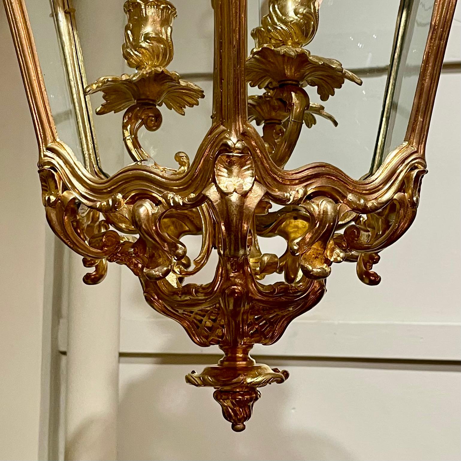 19th Century Antique French Louis XV Bronze D'Oré & Curved Glass Chateau Lantern, Circa 1890 For Sale