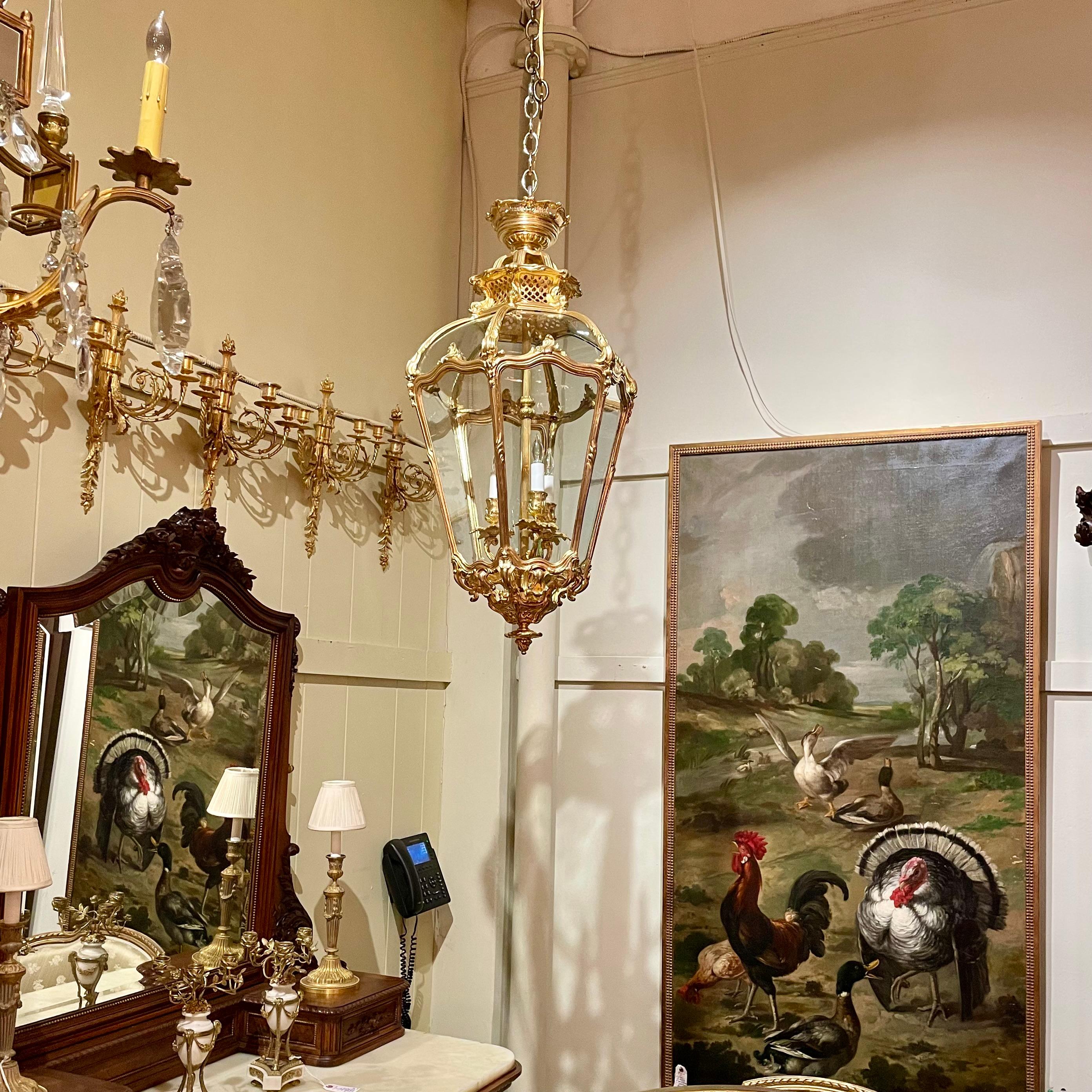 Antique French Louis XV Bronze D'Oré & Curved Glass Chateau Lantern, Circa 1890 For Sale 5