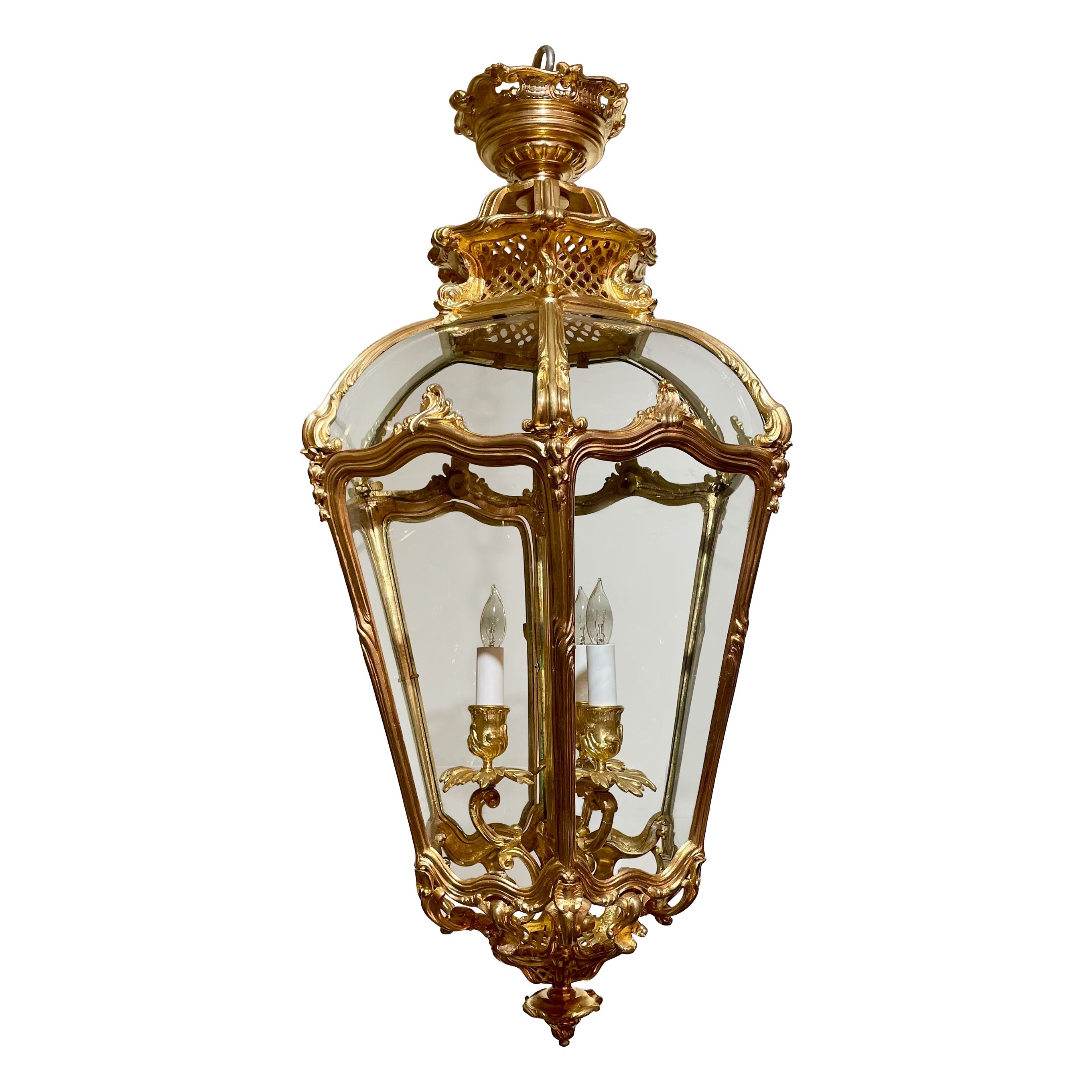 Antique French Louis XV Bronze D'Oré & Curved Glass Chateau Lantern, Circa 1890 For Sale