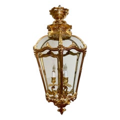 Antique French Louis XV Bronze D'Oré & Curved Glass Chateau Lantern, Circa 1890