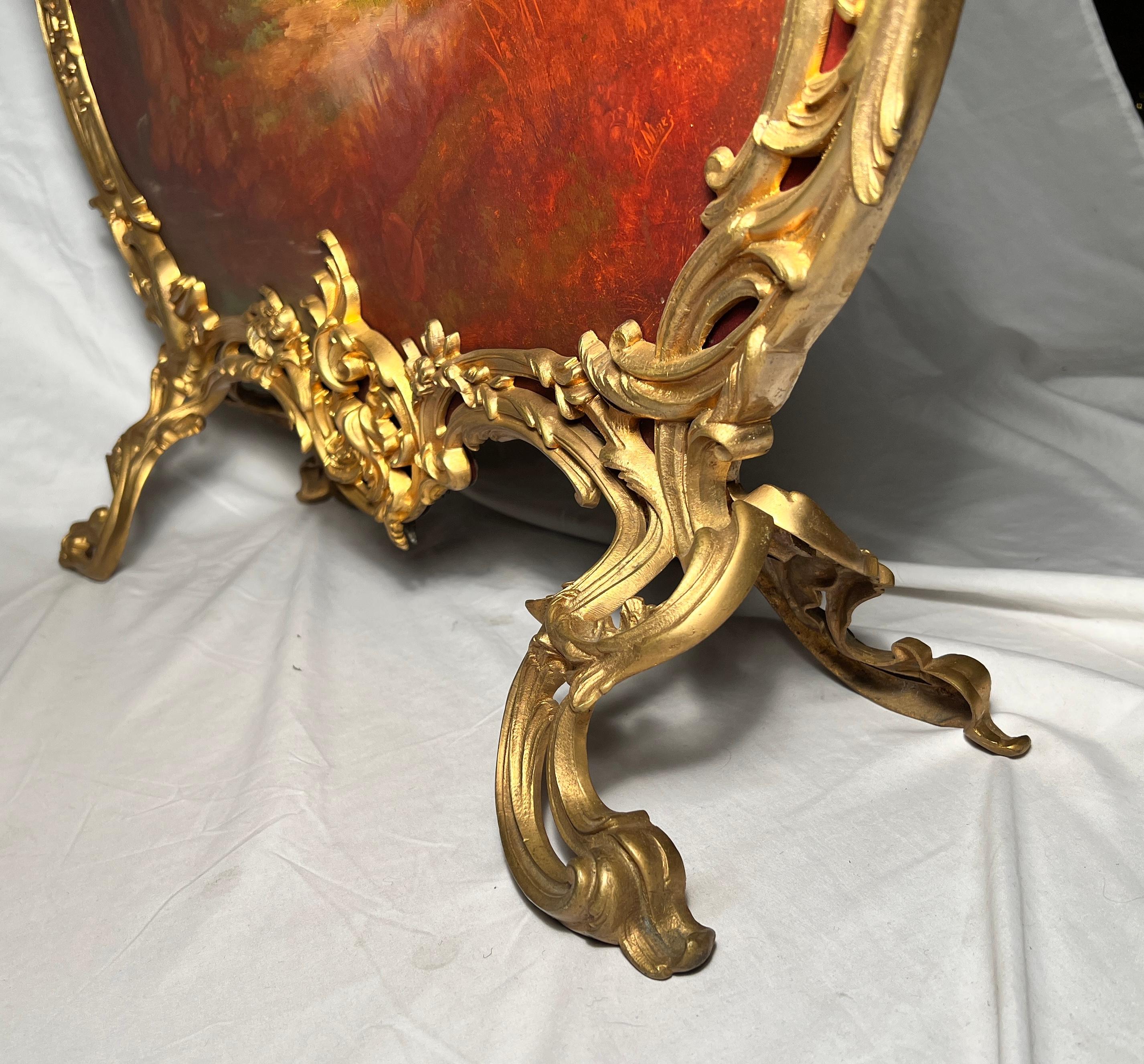 Antique French Louis XV Bronze D'ore Firescreen with Hand Painting, circa 1870 In Good Condition For Sale In New Orleans, LA
