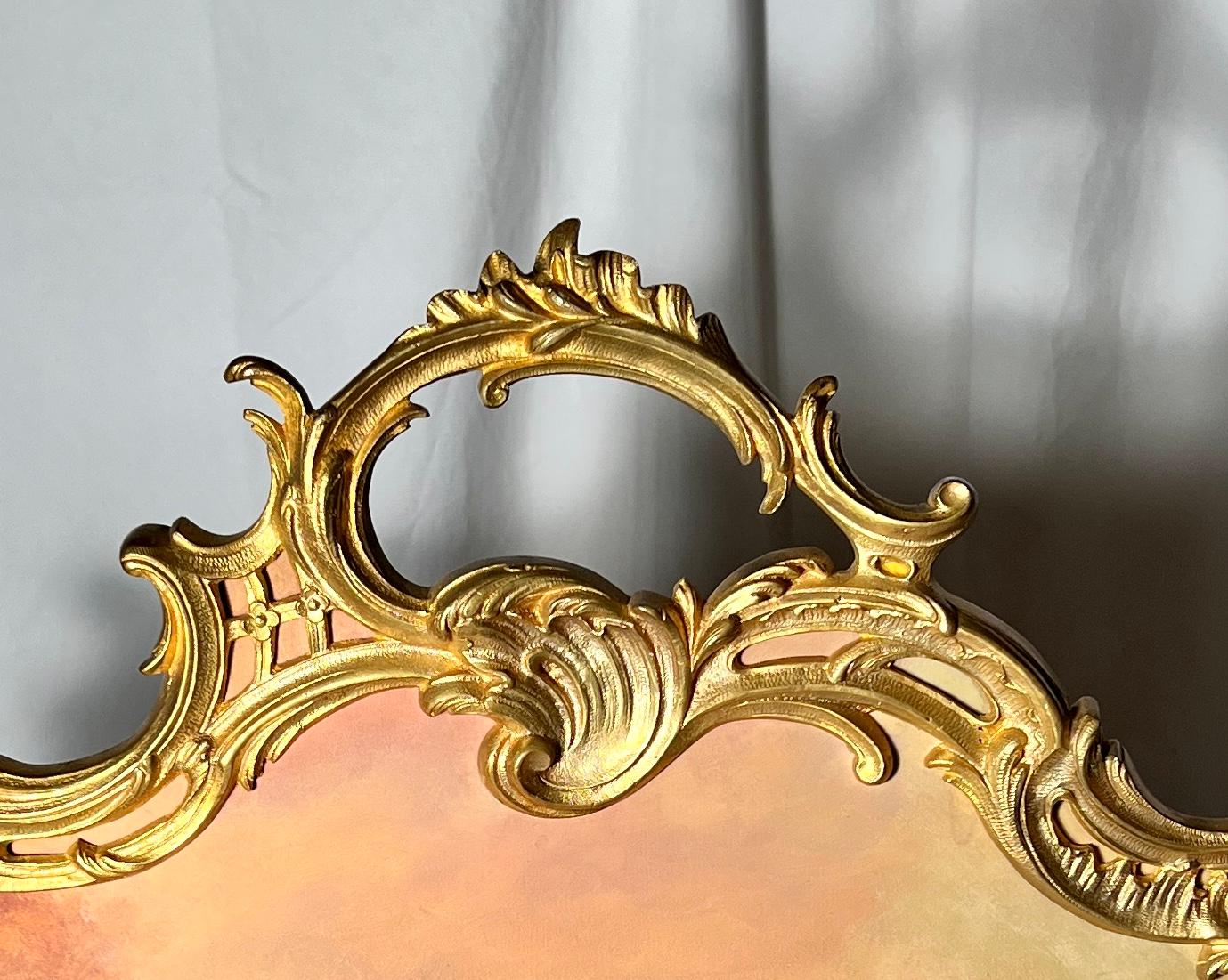 19th Century Antique French Louis XV Bronze D'ore Firescreen with Hand Painting, circa 1870 For Sale