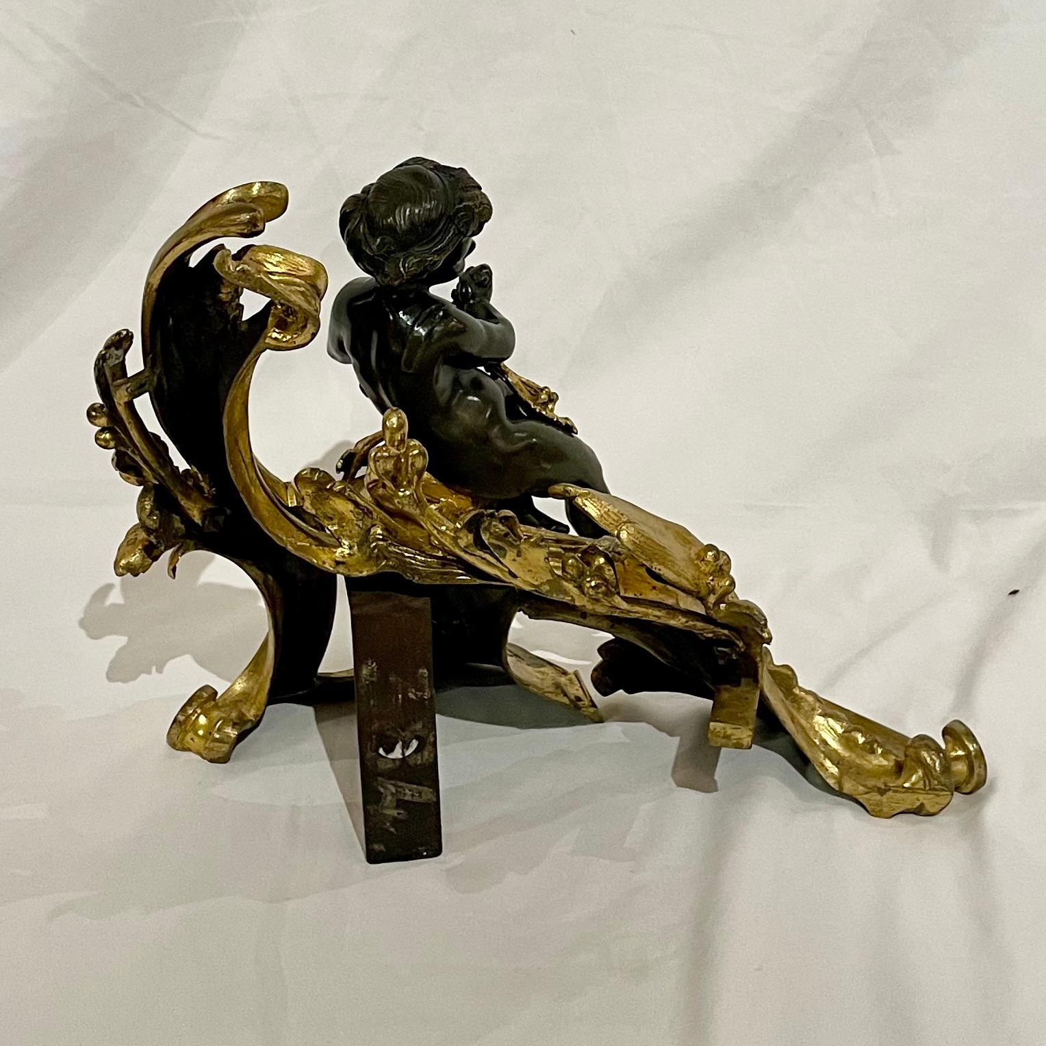 Antique French Louis XV Bronze D'Oré & Patinated Bronze Chenets, Circa 1880. For Sale 6