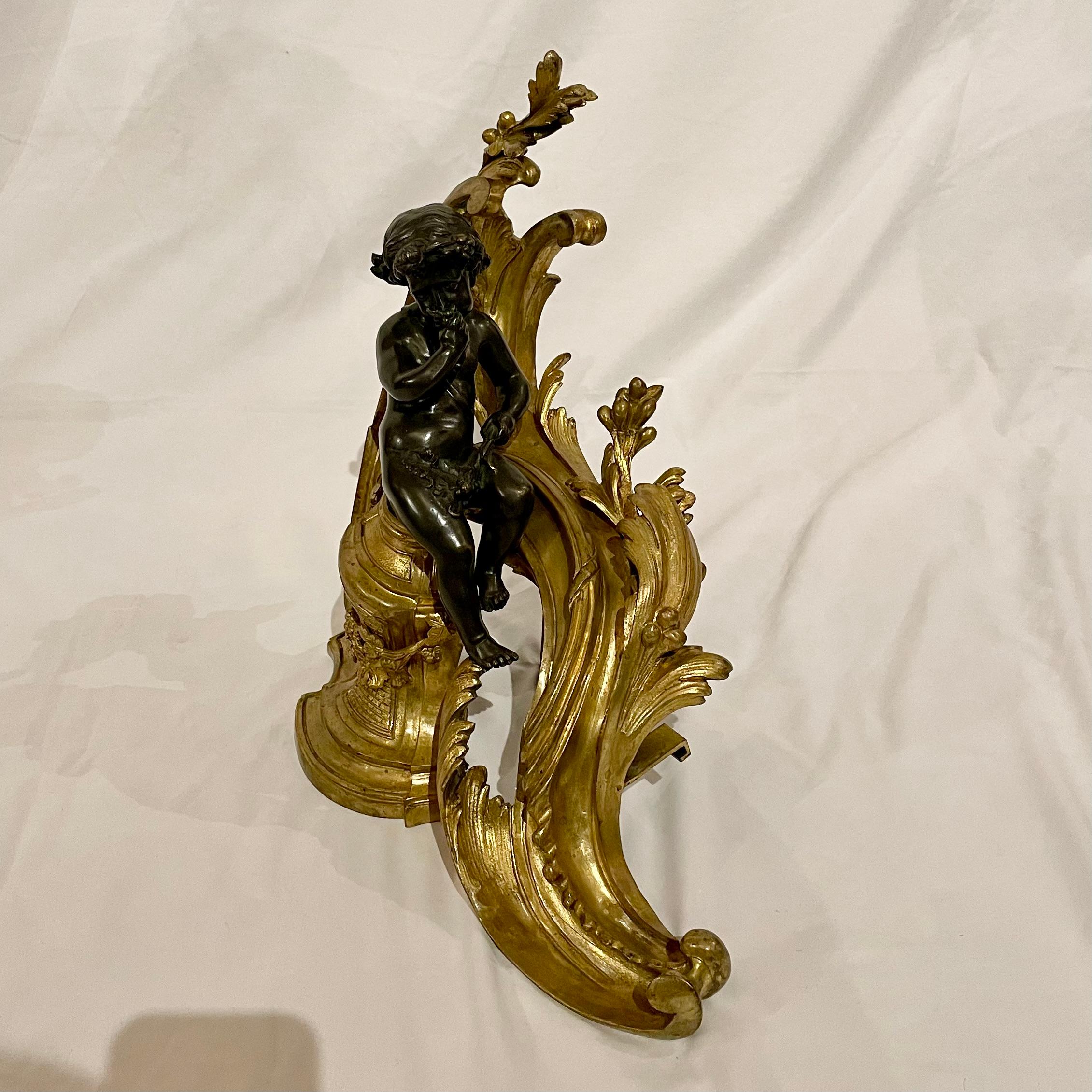 Antique French Louis XV Bronze D'Oré & Patinated Bronze Chenets, Circa 1880. For Sale 1