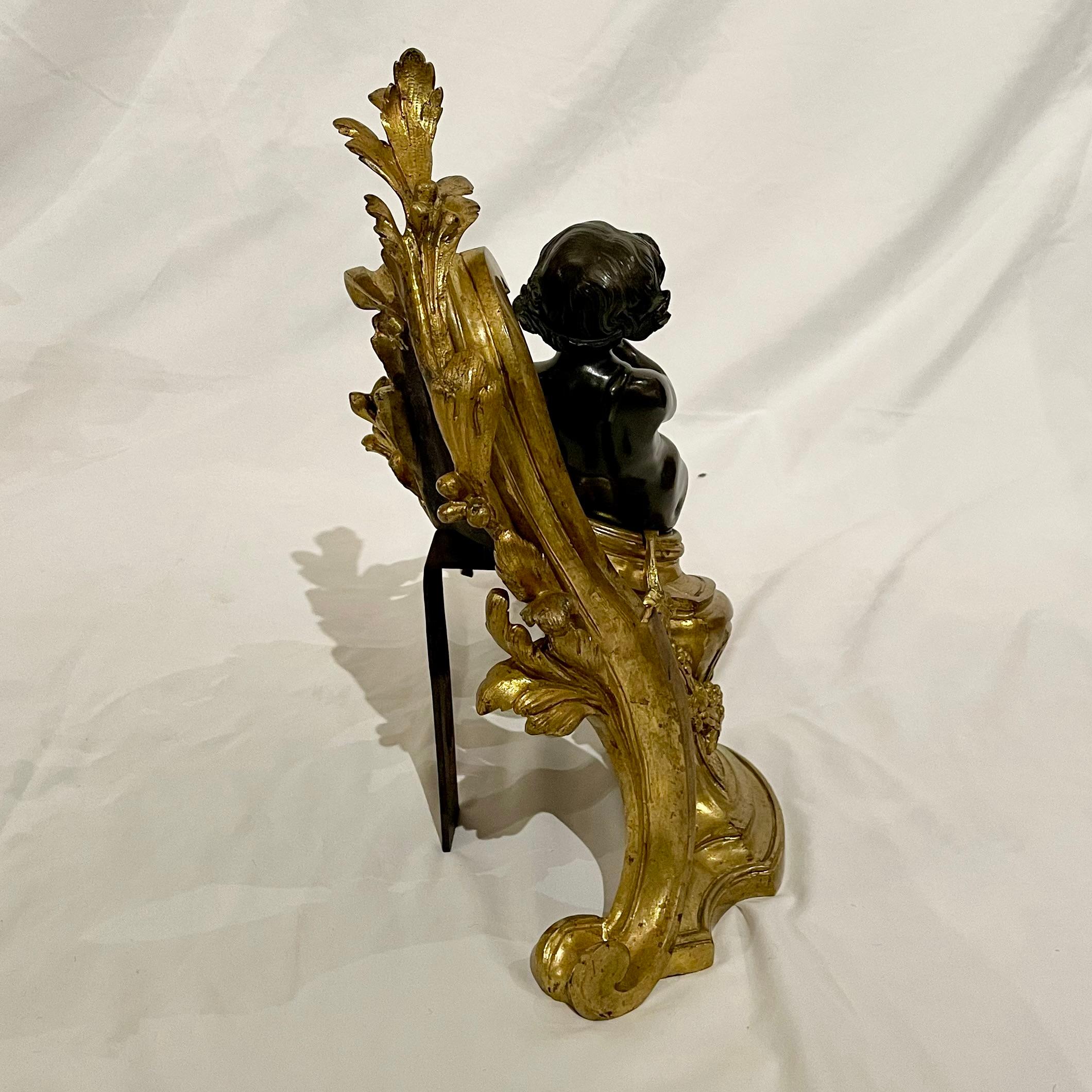 Antique French Louis XV Bronze D'Oré & Patinated Bronze Chenets, Circa 1880. For Sale 3