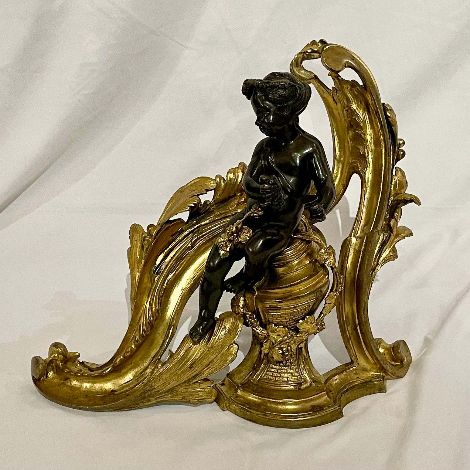 Antique French Louis XV Bronze D'Oré & Patinated Bronze Chenets, Circa 1880. For Sale 4